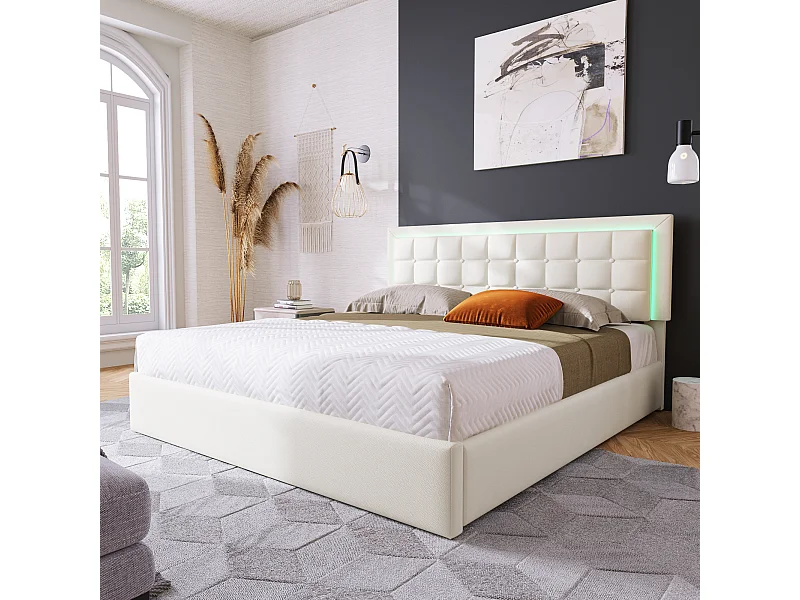 Lit coffre double 140x200 cm avec LED - Simili cuir blanc (sans matelas)