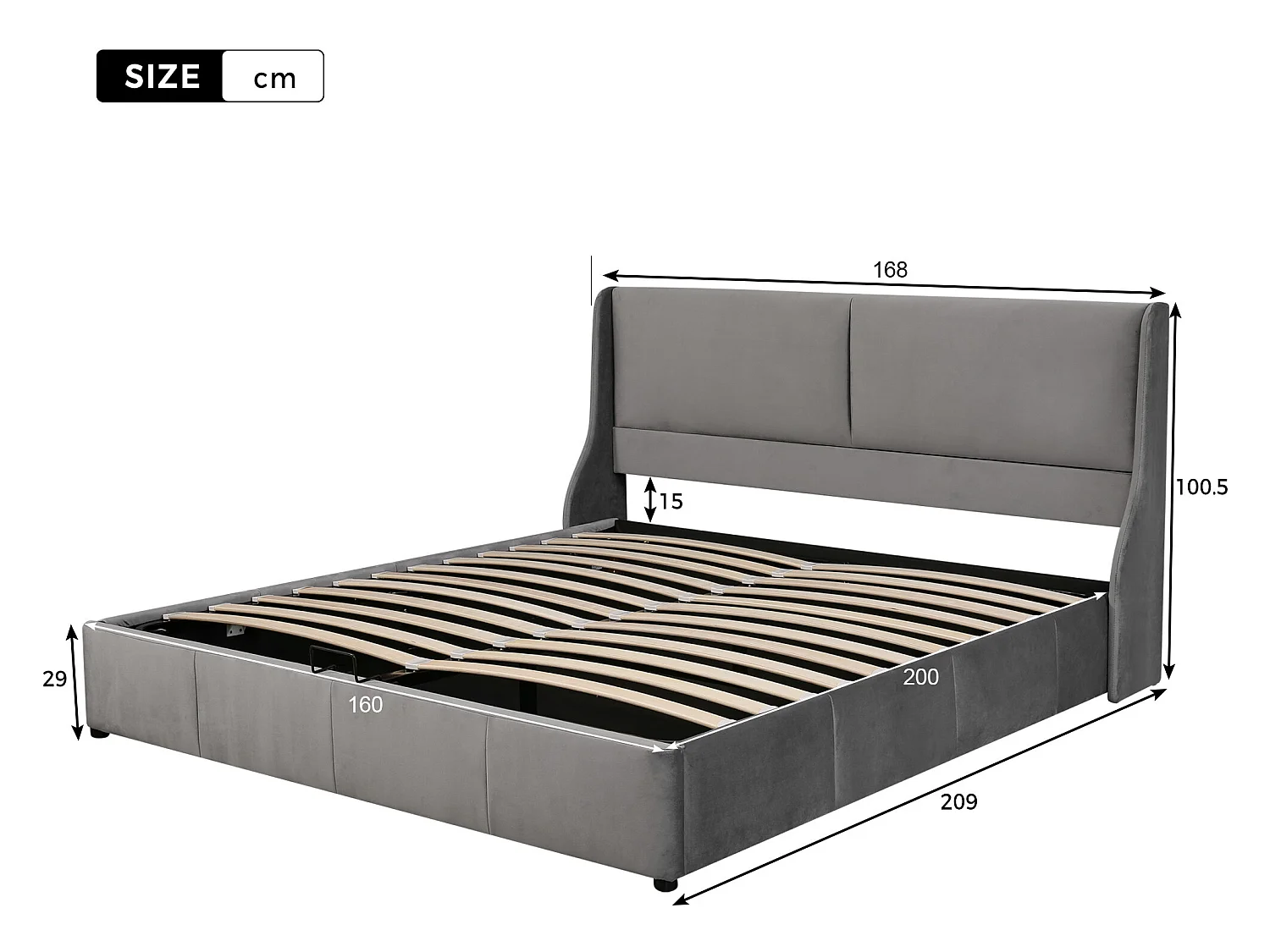 Lit coffre adulte 160x200 cm - Tête de lit en forme d 'oreille - velours Gris（Sans matelas）