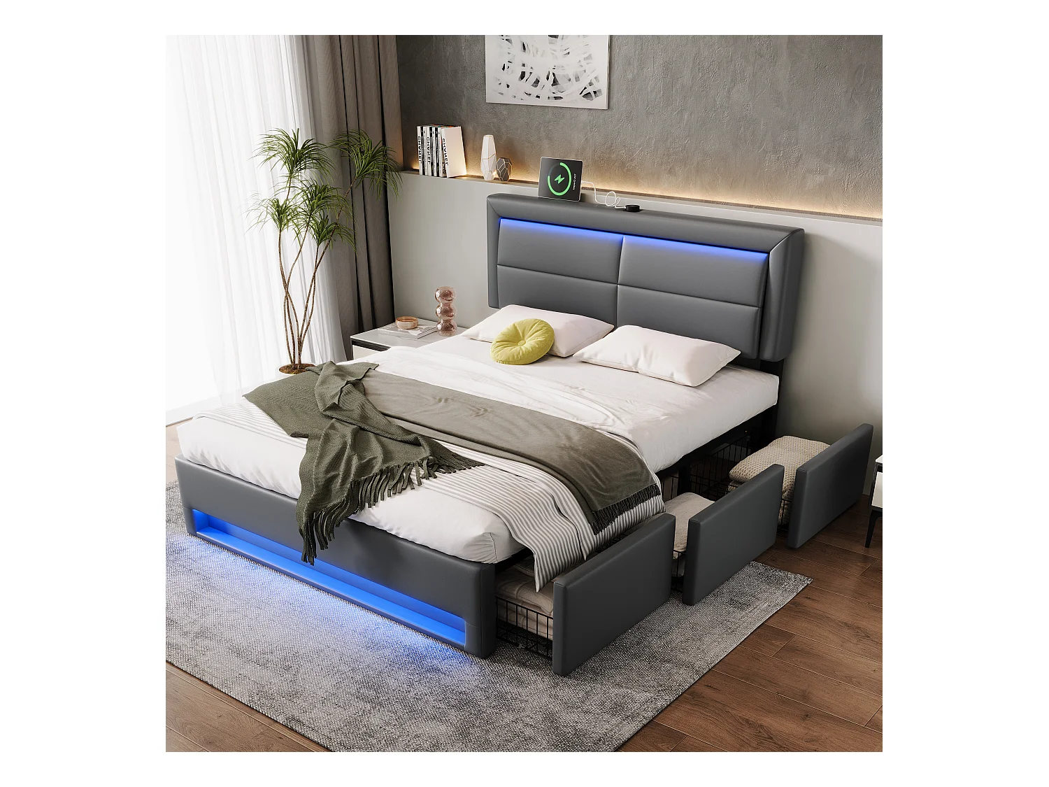Cama baú dupla 140x190 cm com porta USB, iluminação LED e 3 gavetas - PU cinza (sem colchão)