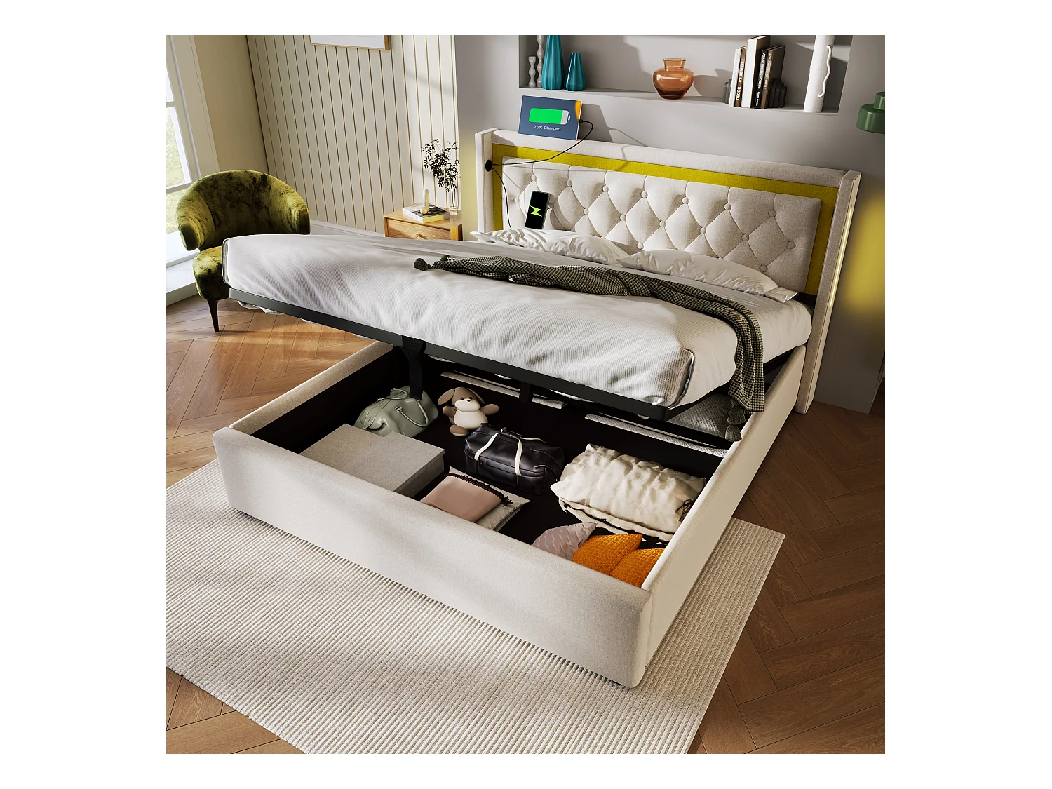 Lit coffre adulte 160x200 cm - Tête de lit LED et charge USB-C - Coton gris (sans matelas)