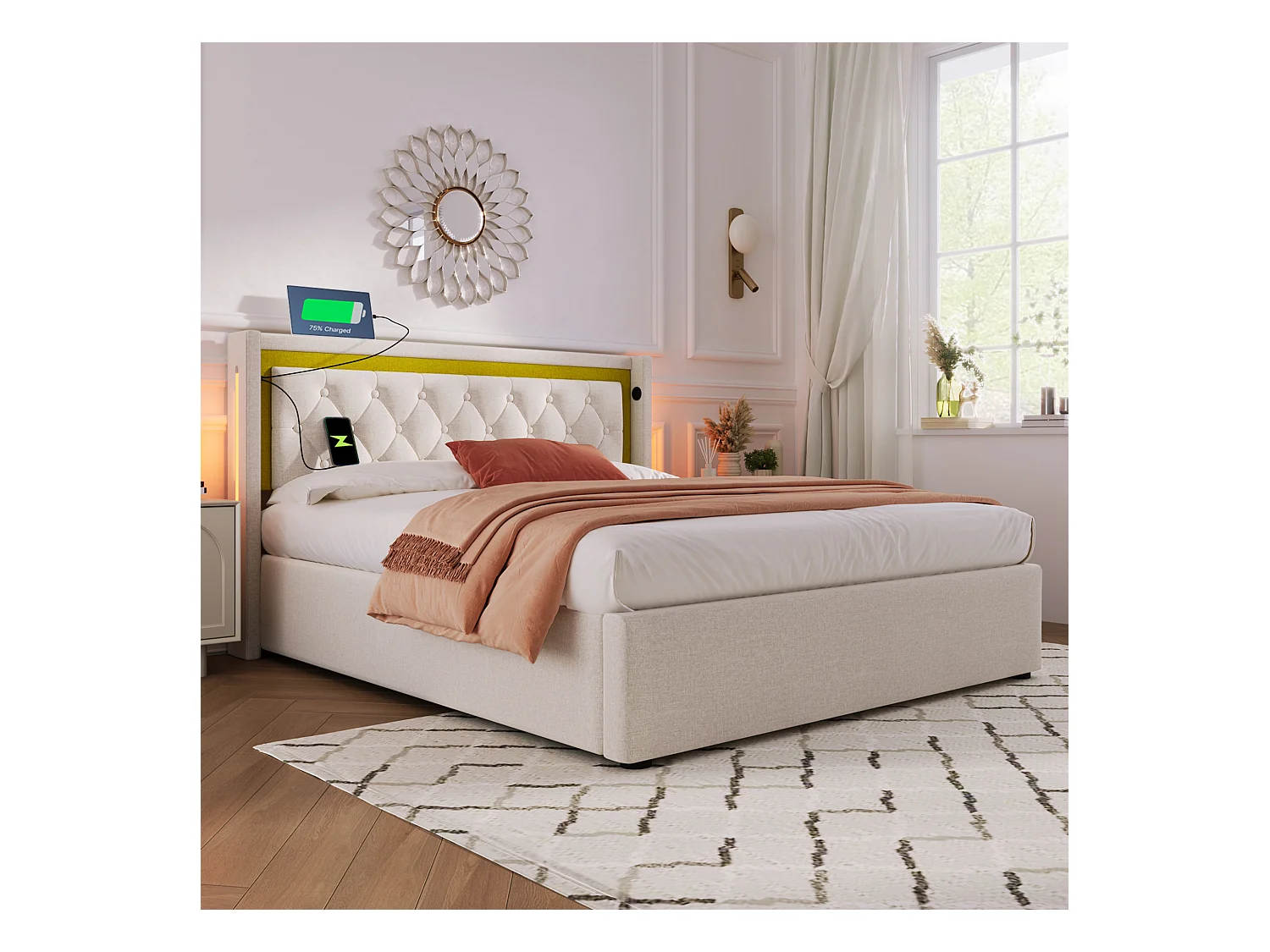 Lit coffre adulte 160x200 cm - Tête de lit LED et charge USB-C - Coton gris (sans matelas)