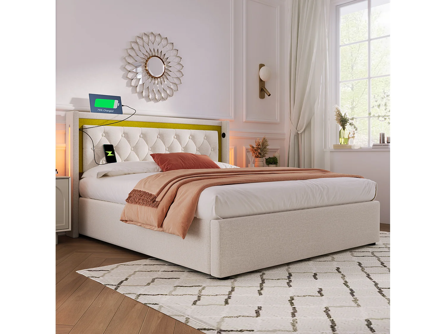 Lit coffre adulte 160x200 cm - Tête de lit LED et charge USB-C - Coton gris (sans matelas)