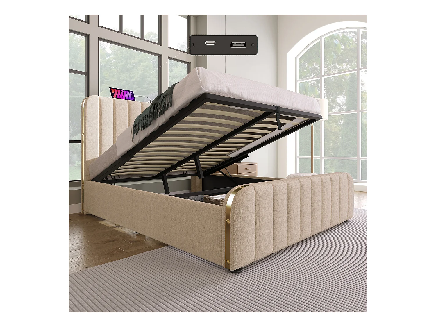 Lit coffre adulte 160x200 cm en lin beige avec tête de lit rembourrée et bandes dorées, USB Type-C, sans matelas