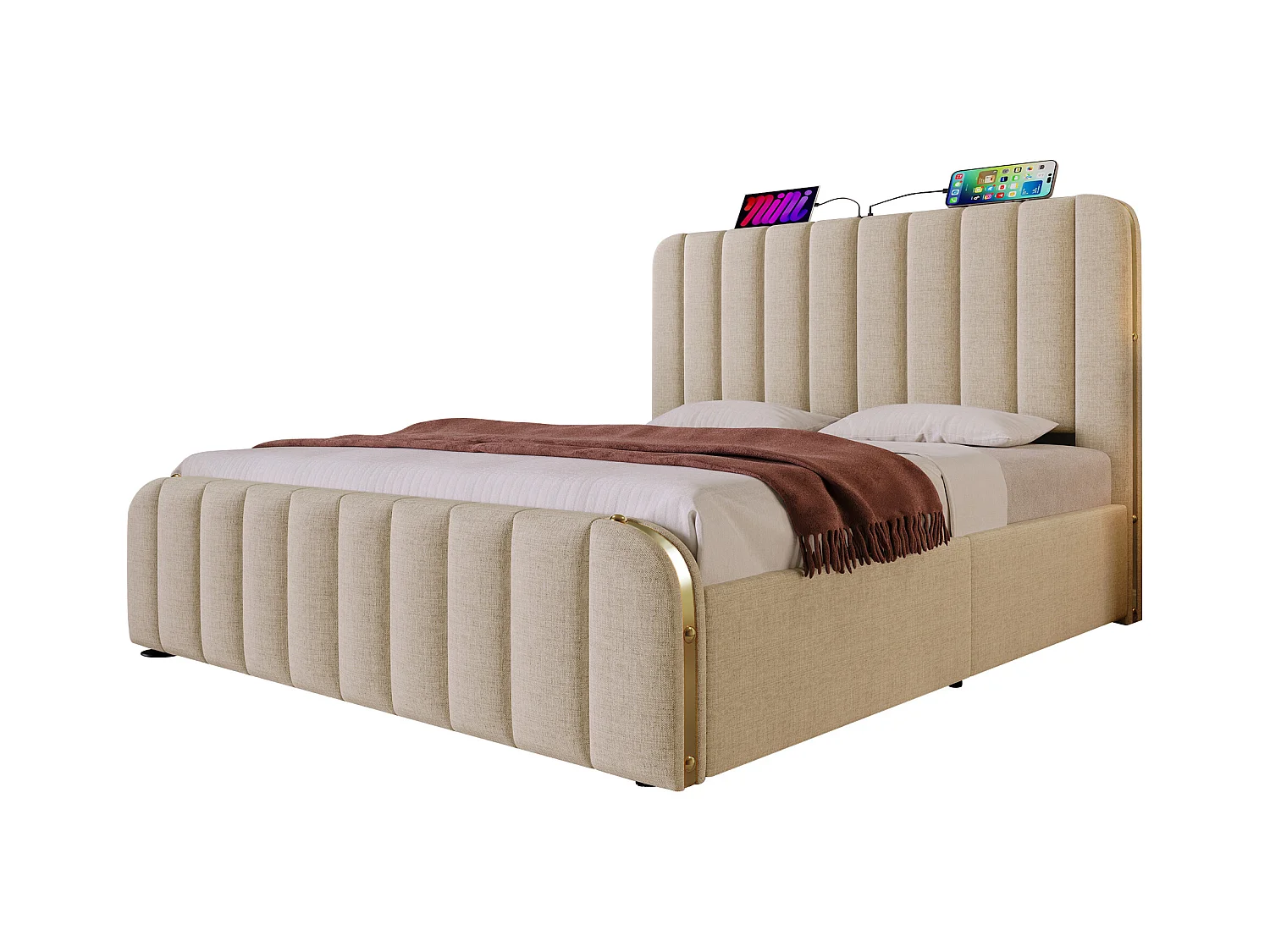 Lit coffre adulte 160x200 cm en lin beige avec tête de lit rembourrée et bandes dorées, USB Type-C, sans matelas