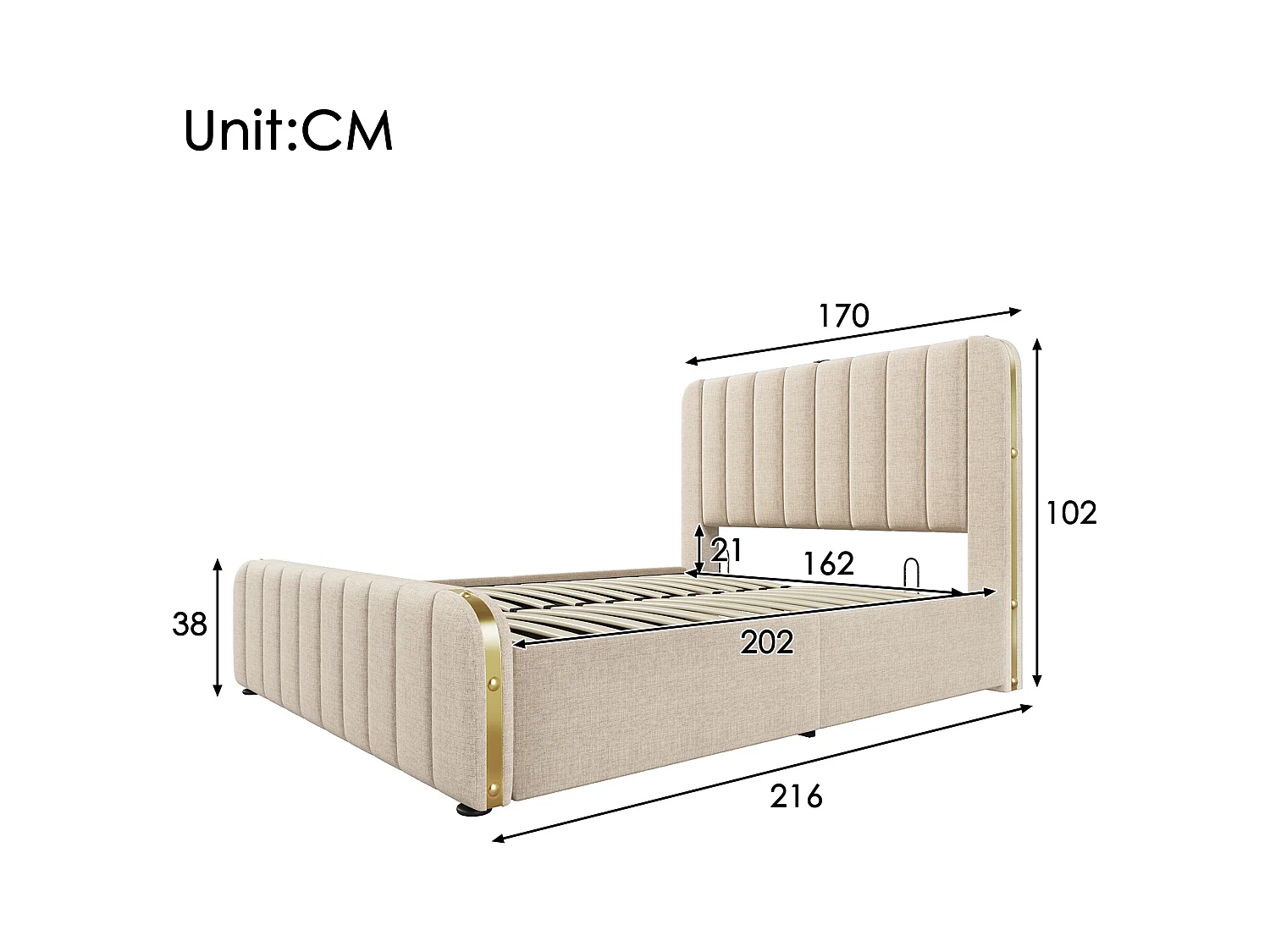 Lit coffre adulte 160x200 cm en lin beige avec tête de lit rembourrée et bandes dorées, USB Type-C, sans matelas