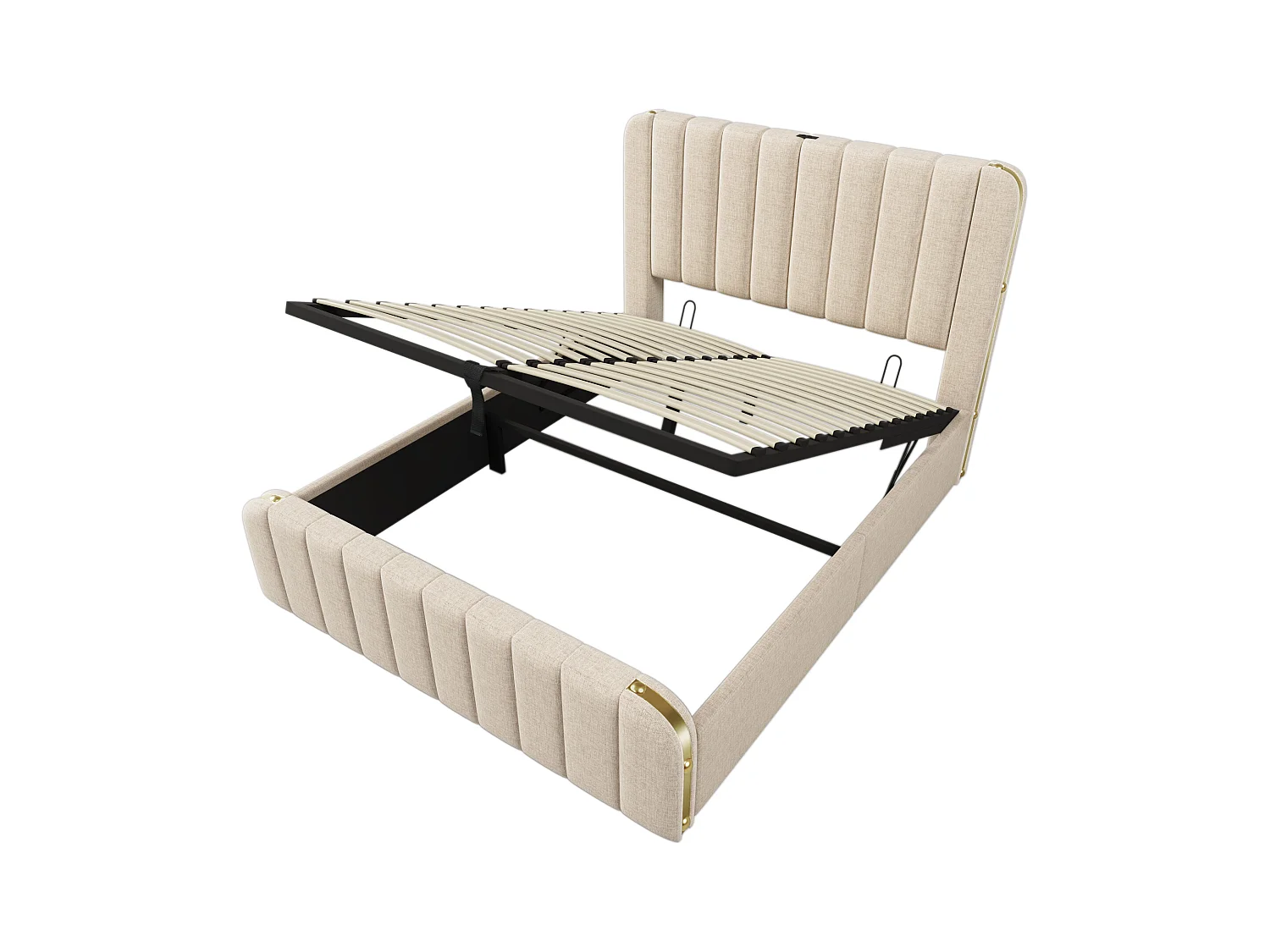 Lit coffre adulte 160x200 cm en lin beige avec tête de lit rembourrée et bandes dorées, USB Type-C, sans matelas