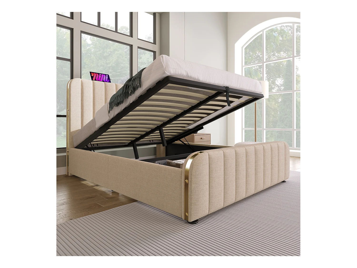 Lit coffre adulte 160x200 cm en lin beige avec tête de lit rembourrée et bandes dorées, USB Type-C, sans matelas