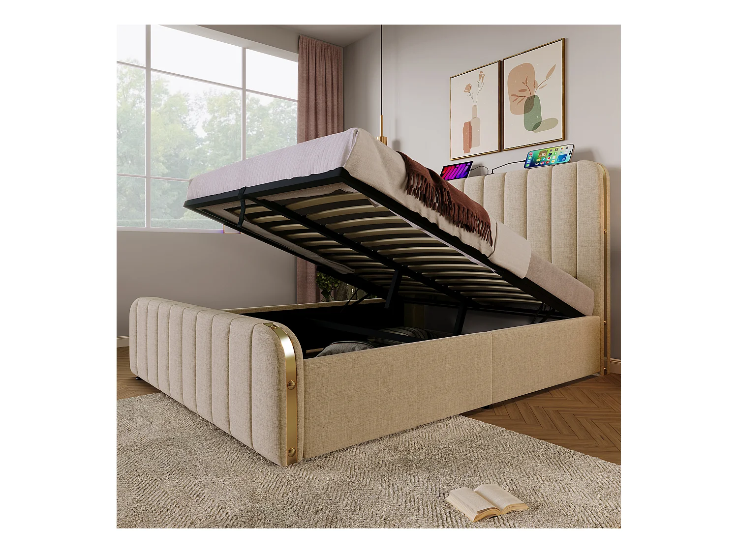 Lit coffre adulte 160x200 cm en lin beige avec tête de lit rembourrée et bandes dorées, USB Type-C, sans matelas
