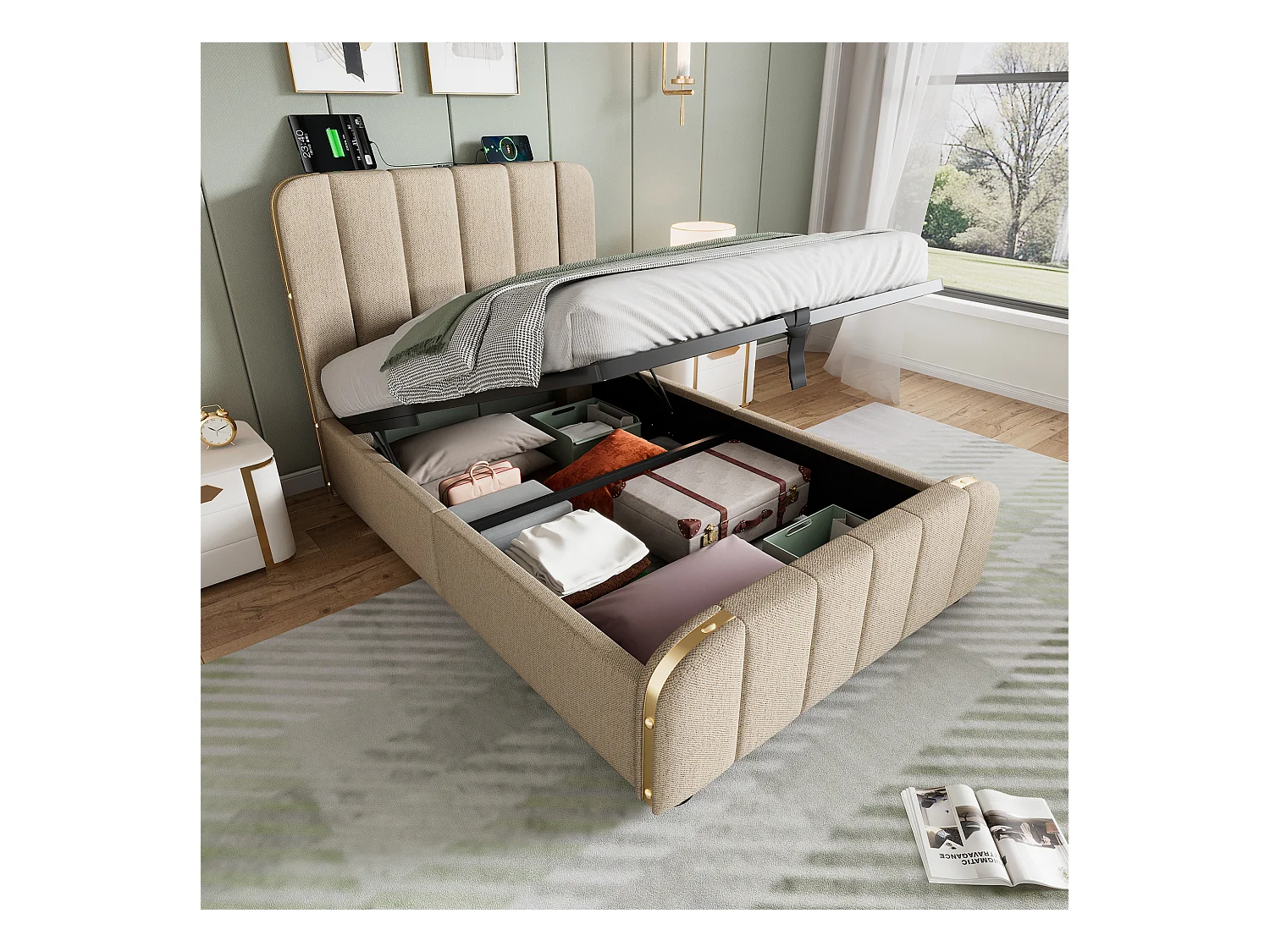 Lit coffre enfant 90x200 cm - Tête de lit avec bandes dorées et Charge USB Type-C - Lin beige (sans matelas)