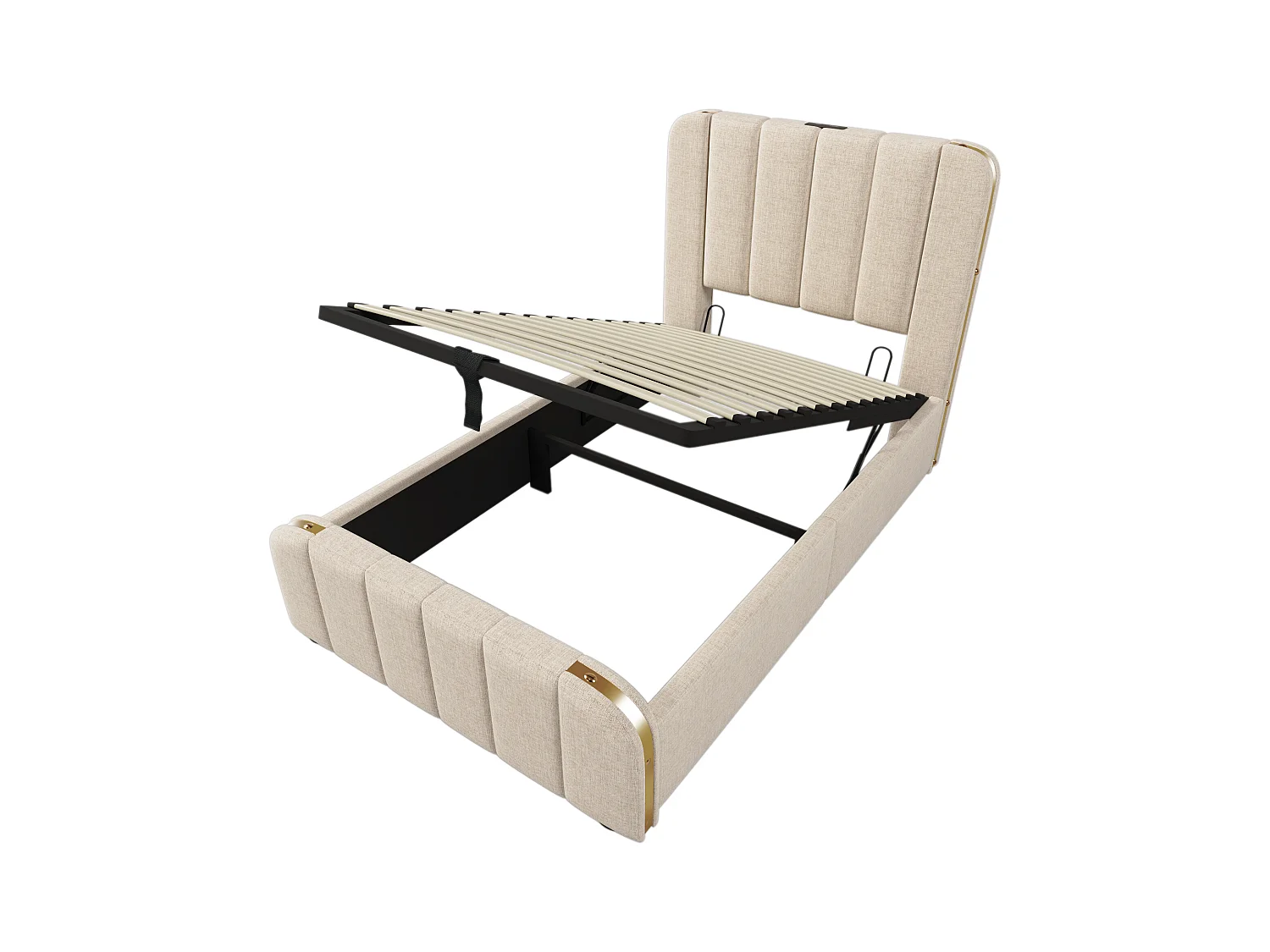 Lit coffre enfant 90x200 cm - Tête de lit avec bandes dorées et Charge USB Type-C - Lin beige (sans matelas)