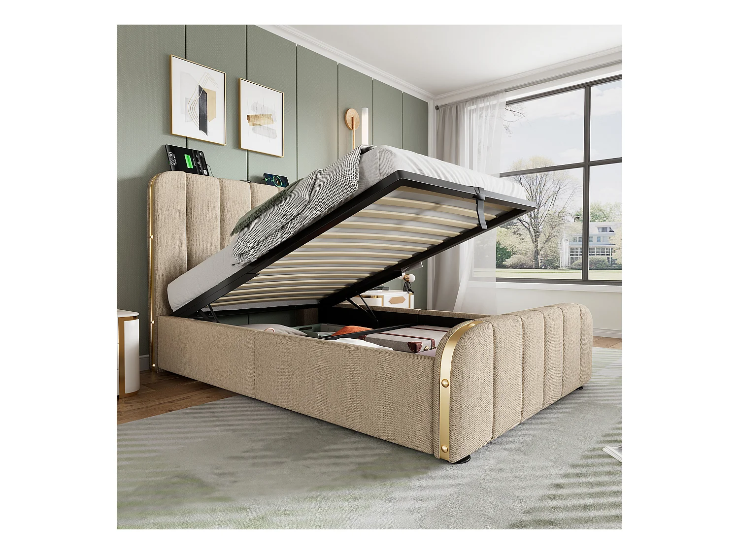 Lit coffre enfant 90x200 cm - Tête de lit avec bandes dorées et Charge USB Type-C - Lin beige (sans matelas)