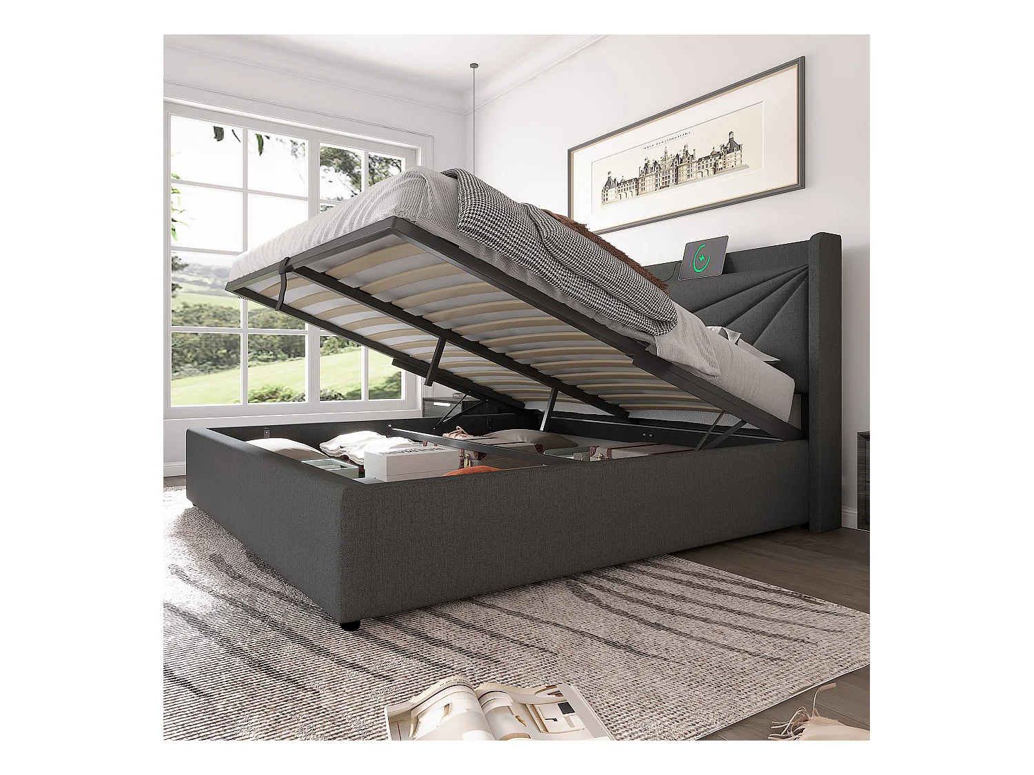 Lit coffre adulte 140x200 cm avec charge USB Type-C  - en lin gris(sans matelas)