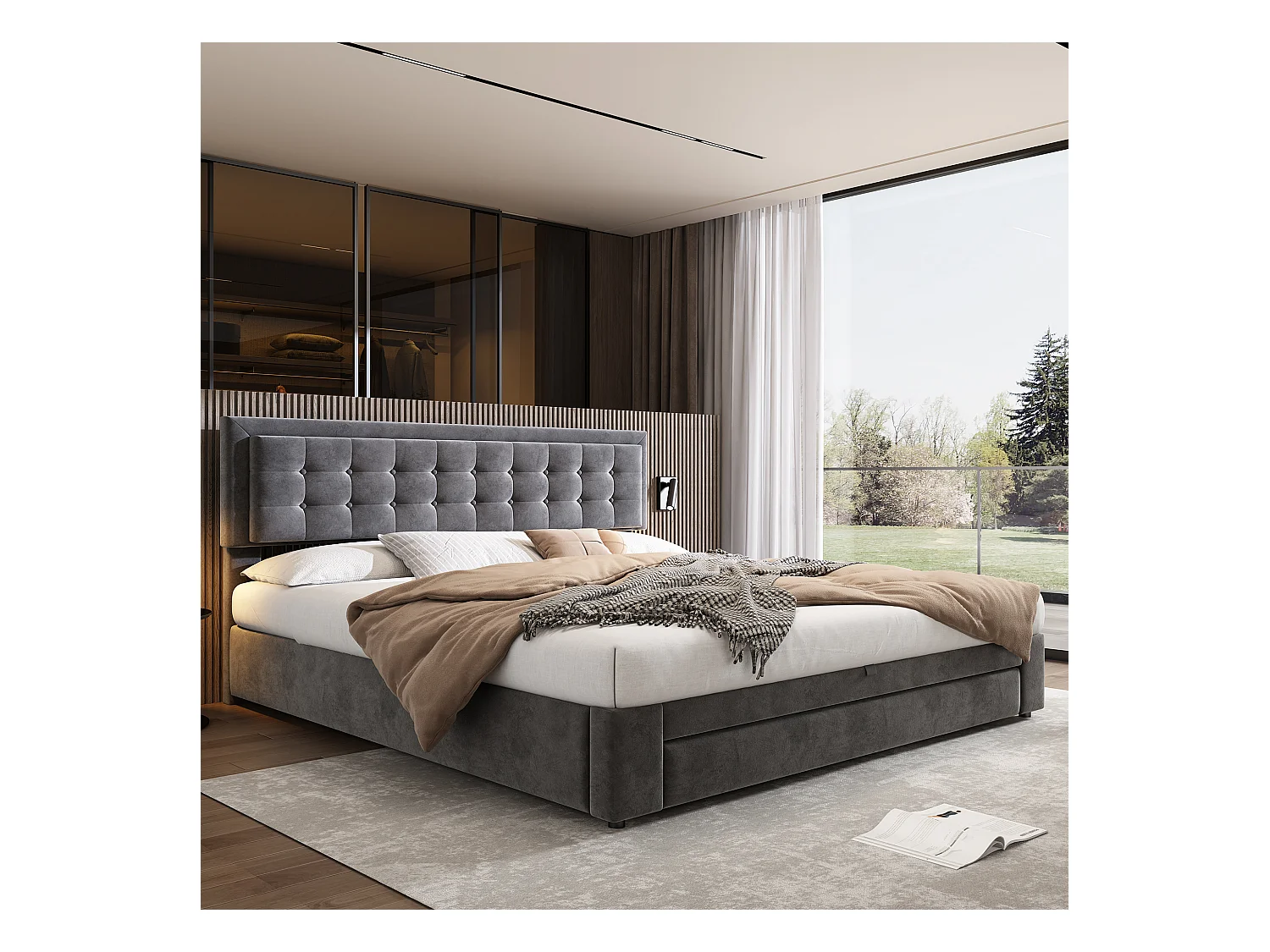 Cama canapé doble 180x200 cm con cajón - cabecero acolchado - en terciopelo gris (sin colchón)