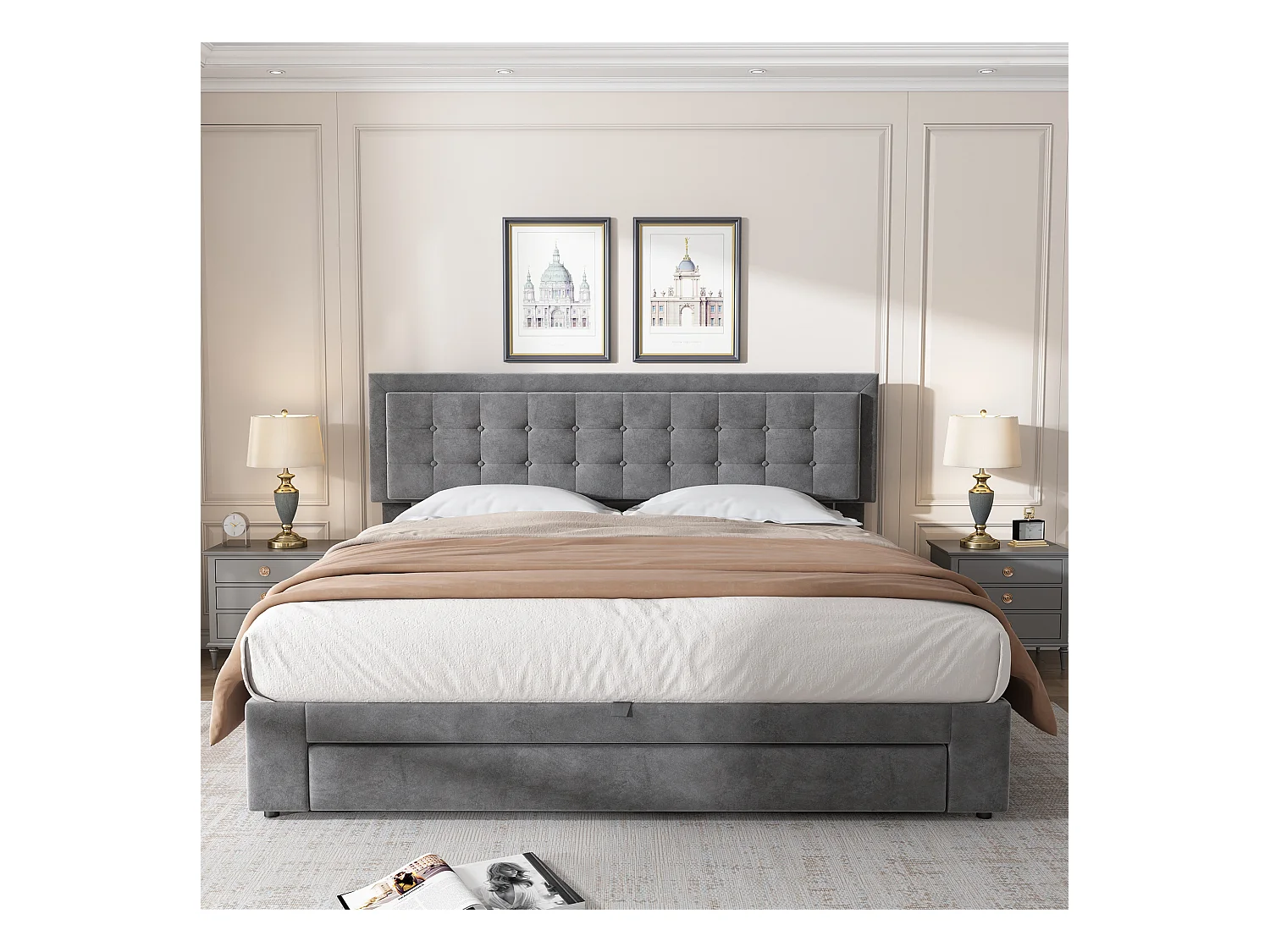 Cama canapé doble 180x200 cm con cajón - cabecero acolchado - en terciopelo gris (sin colchón)