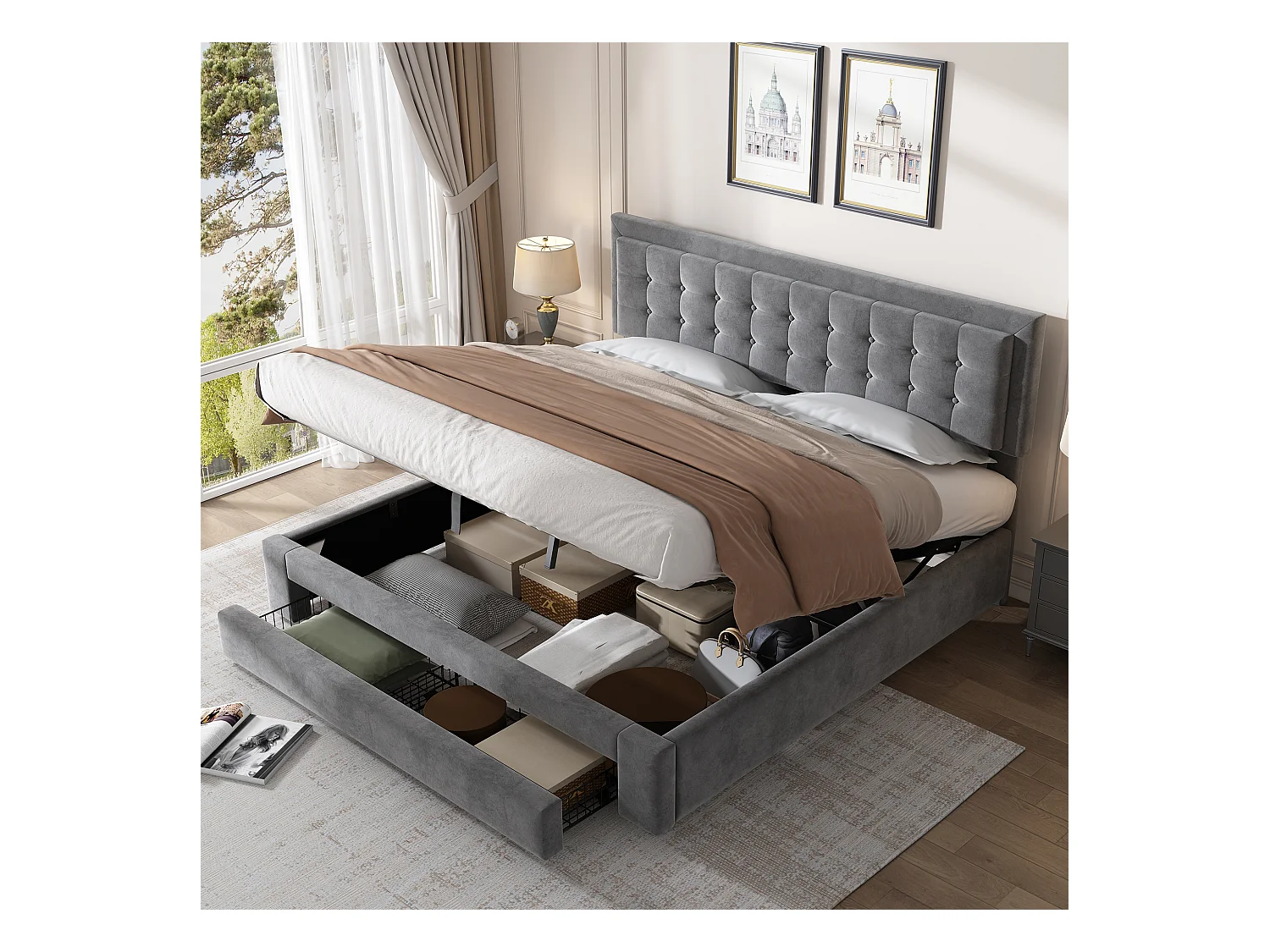 Cama canapé doble 180x200 cm con cajón - cabecero acolchado - en terciopelo gris (sin colchón)