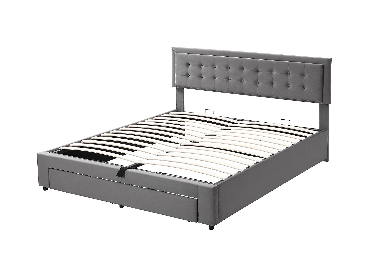 Cama canapé doble 180x200 cm con cajón - cabecero acolchado - en terciopelo gris (sin colchón)