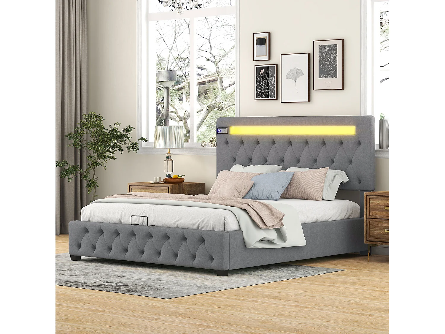 Lit coffre adulte 140x200 cm avec LED, USB et lecteur Bluetooth,lin Gris, sans matelas