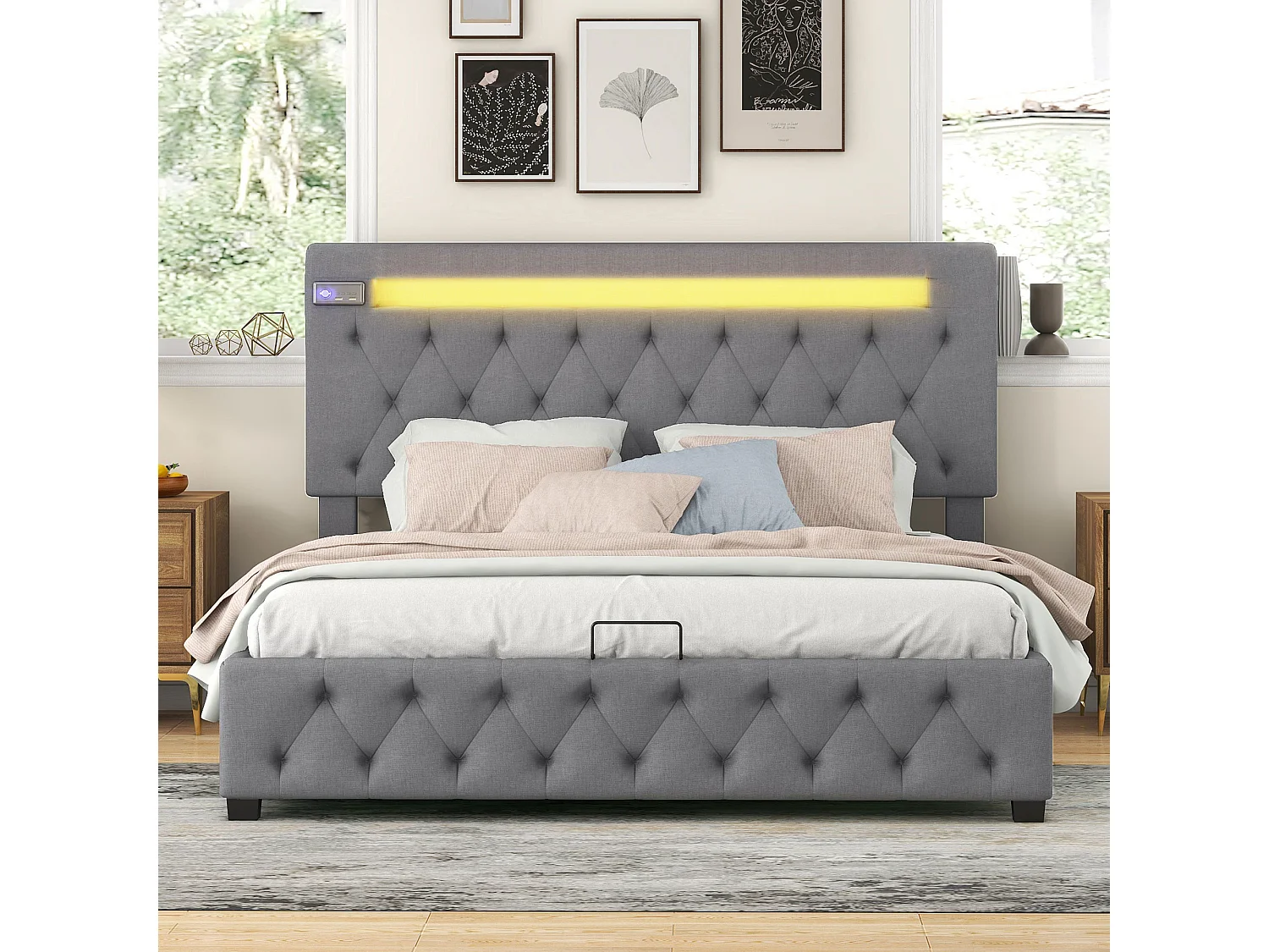 Lit coffre adulte 140x200 cm avec LED, USB et lecteur Bluetooth,lin Gris, sans matelas