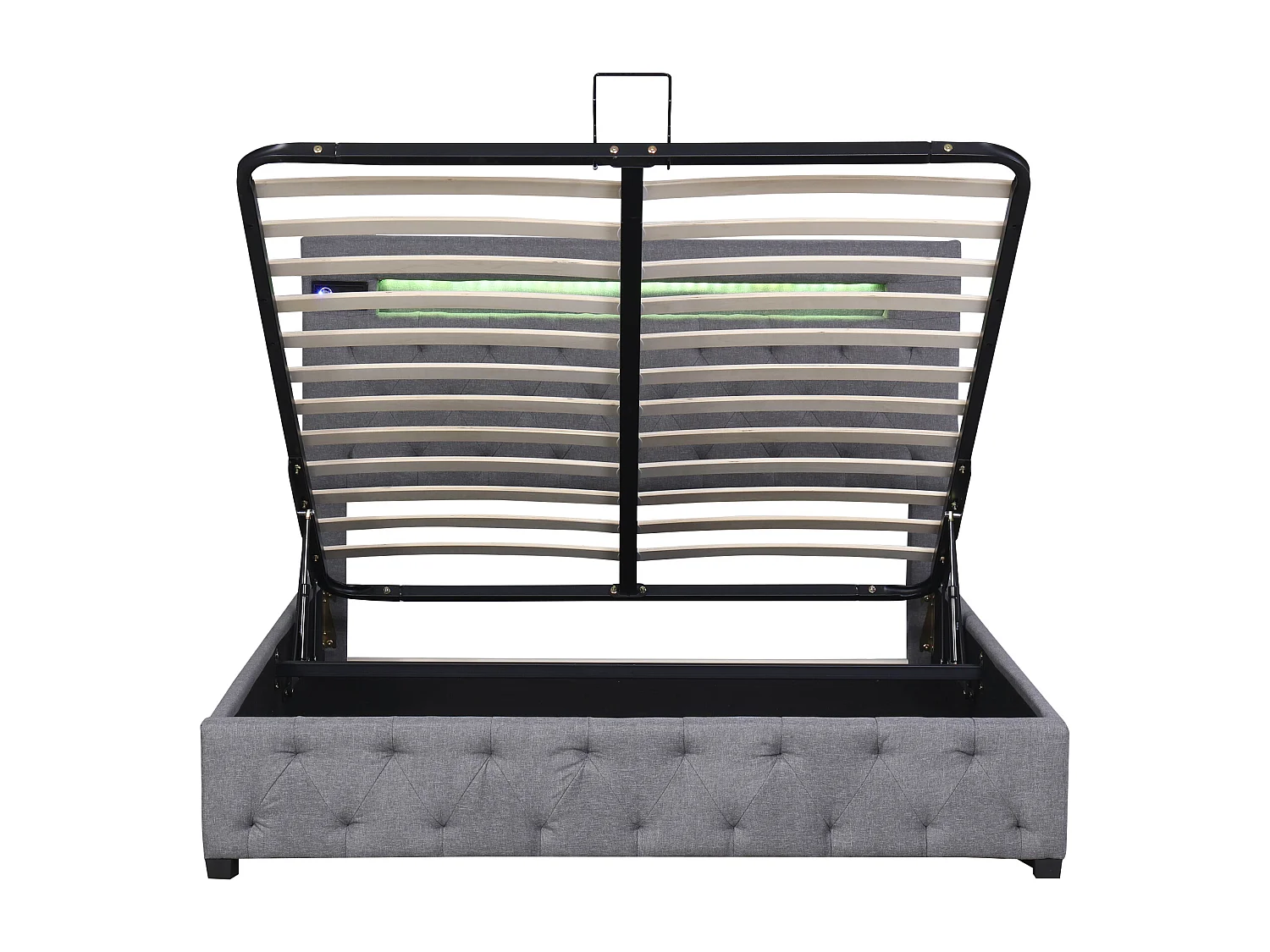 Lit coffre adulte 140x200 cm avec LED, USB et lecteur Bluetooth,lin Gris, sans matelas