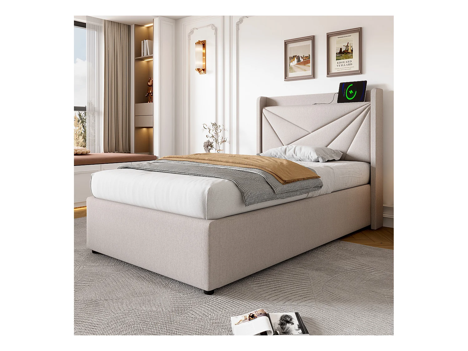 Lit coffre enfant 90x200 cm - Tête de lit LED et charge USB-C - Lin, beige (sans matelas)