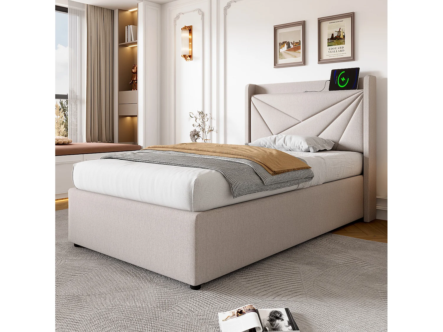 Lit coffre enfant 90x200 cm - Tête de lit LED et charge USB-C - Lin, beige (sans matelas)