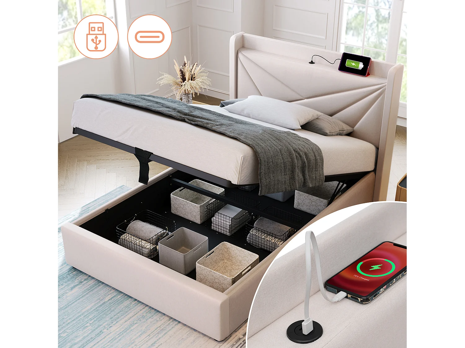 Lit coffre enfant 90x200 cm - Tête de lit LED et charge USB-C - Lin, beige (sans matelas)