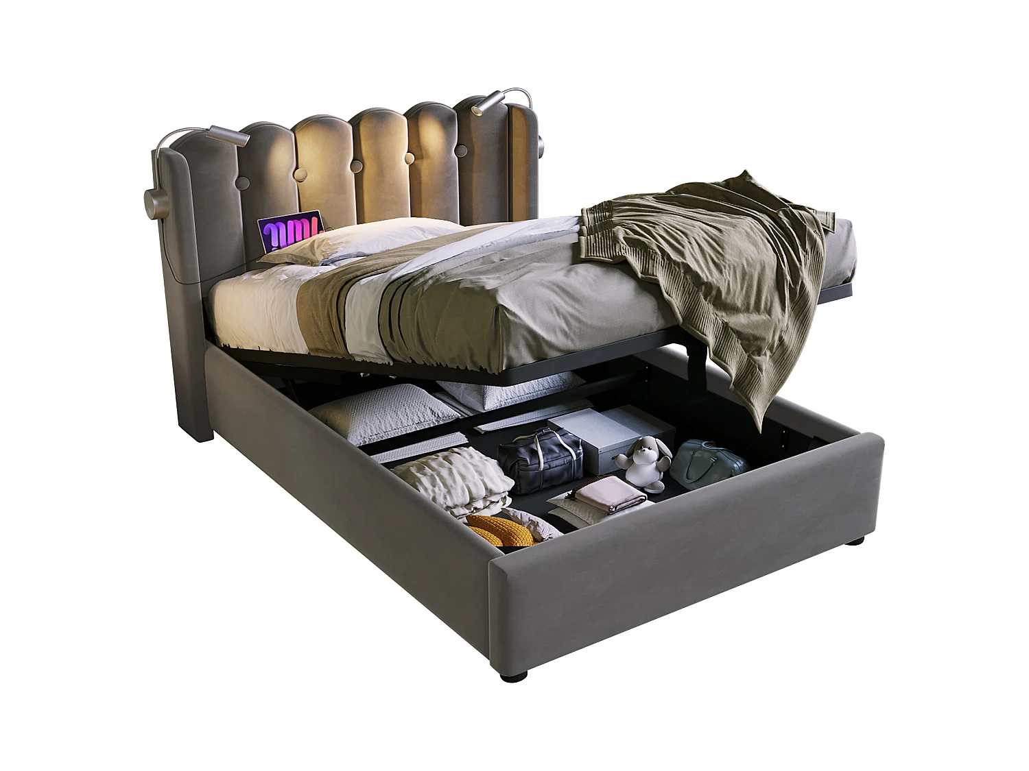 Lit coffre adulte 90x200 cm avec lampes de lecture et charge USB, en velours gris, sans matelas