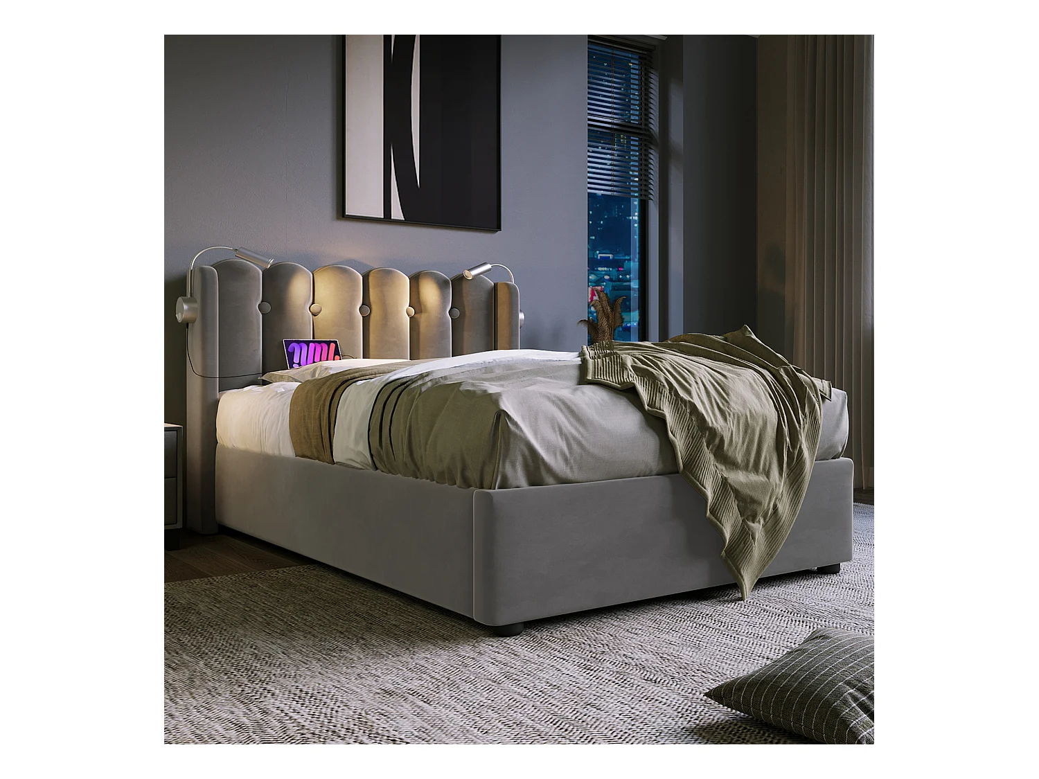 Lit coffre adulte 90x200 cm avec lampes de lecture et charge USB, en velours gris, sans matelas