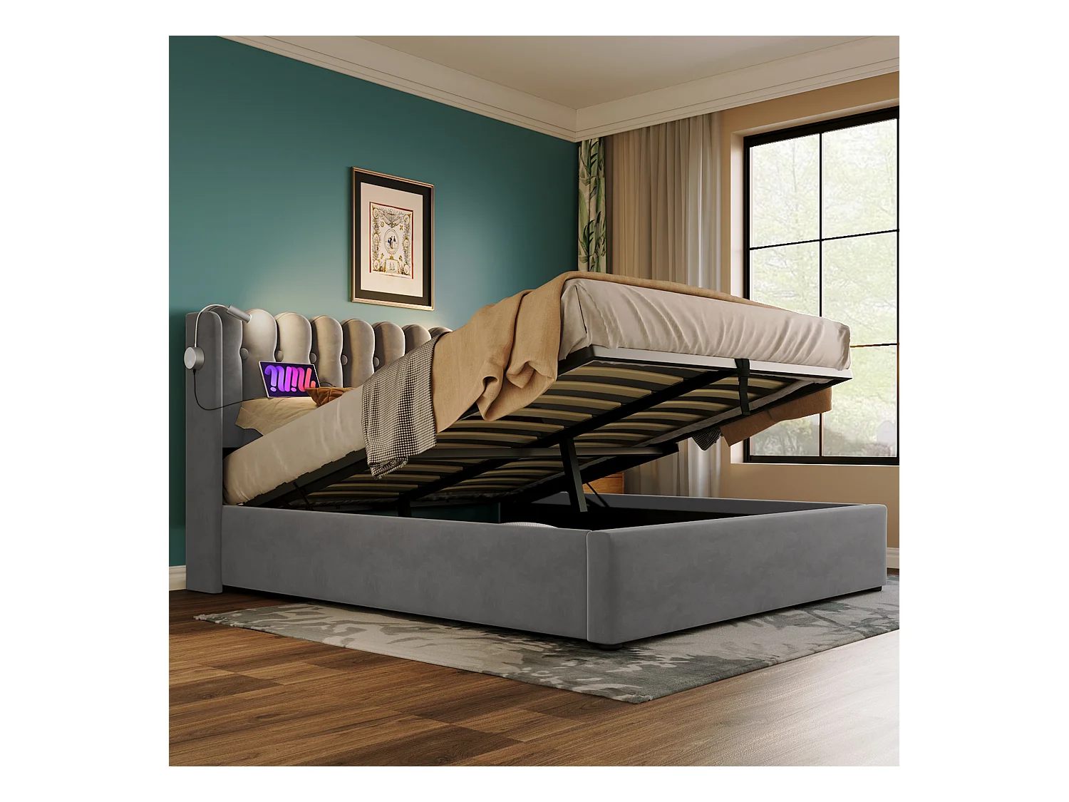 Lit coffre adulte 90x200 cm avec lampes de lecture et charge USB, en velours gris, sans matelas