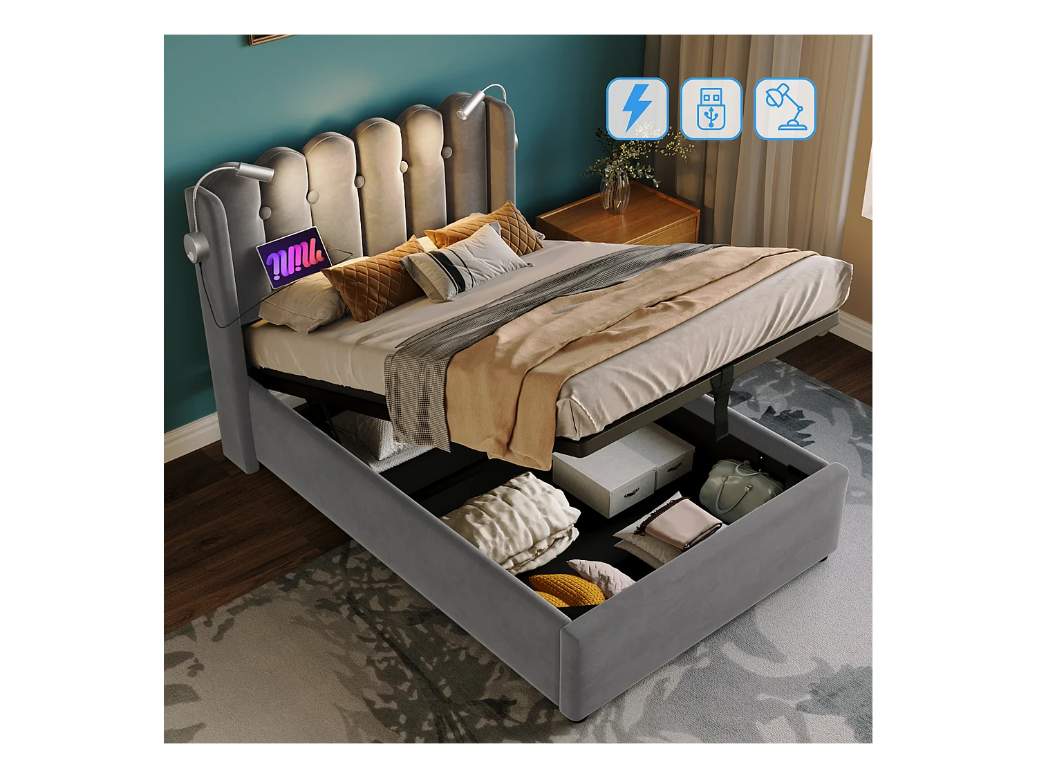 Lit coffre adulte 90x200 cm avec lampes de lecture et charge USB, en velours gris, sans matelas