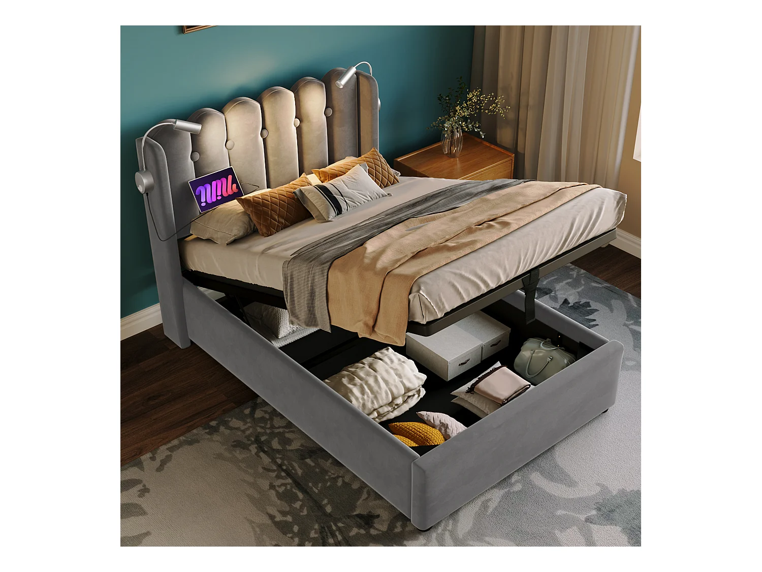 Lit coffre adulte 90x200 cm avec lampes de lecture et charge USB, en velours gris, sans matelas