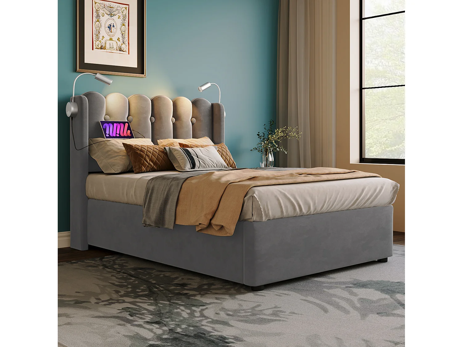 Lit coffre adulte 90x200 cm avec lampes de lecture et charge USB, en velours gris, sans matelas