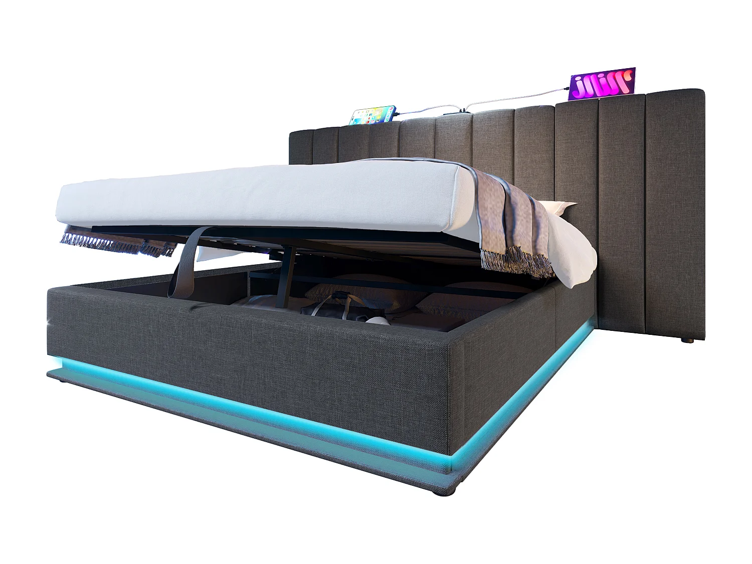 Letto contenitore matrimoniale 160x200 cm - LED e USB-C - in lino grigio (senza materasso né comodino)