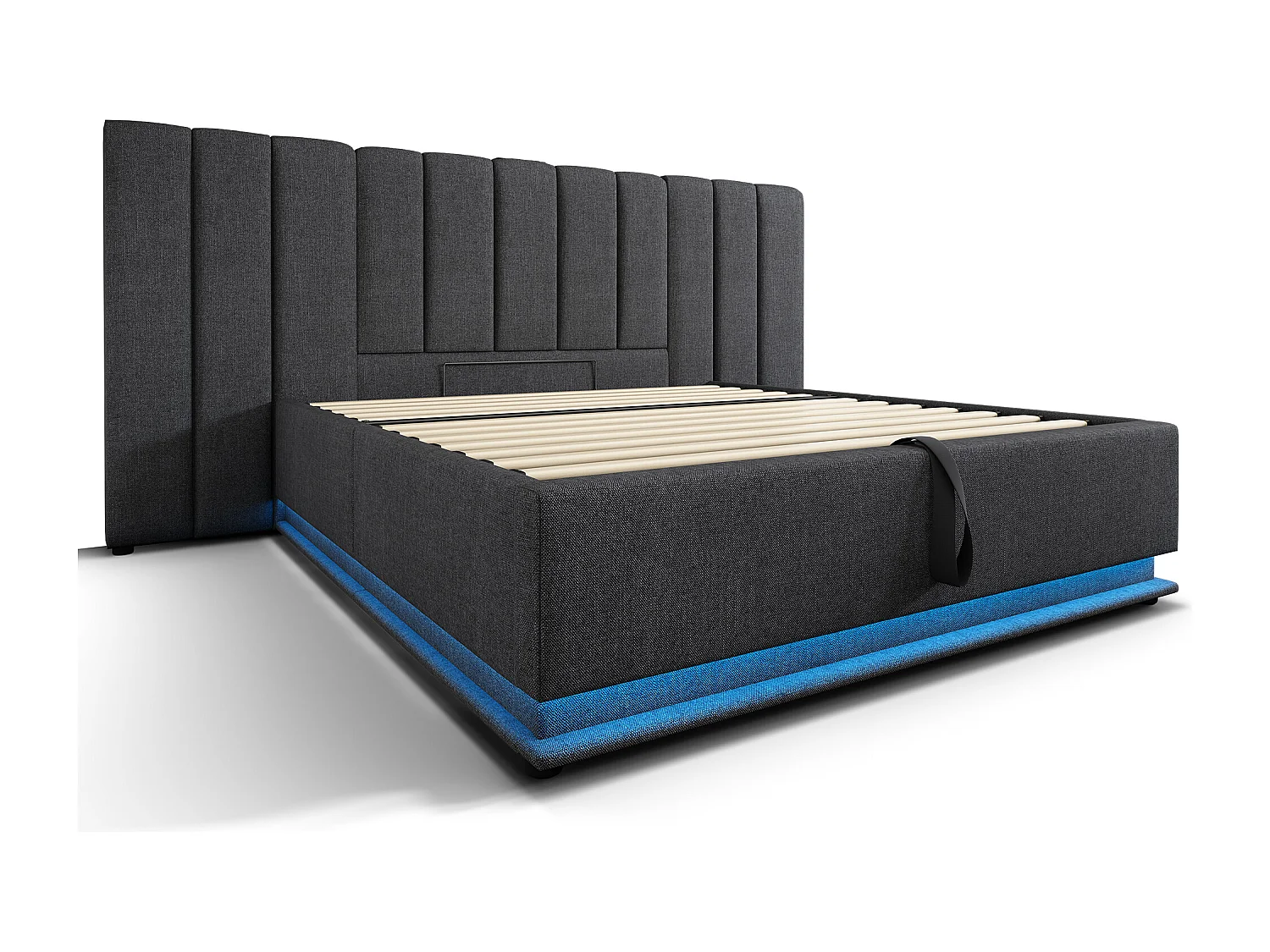 Letto contenitore matrimoniale 160x200 cm - LED e USB-C - in lino grigio (senza materasso né comodino)