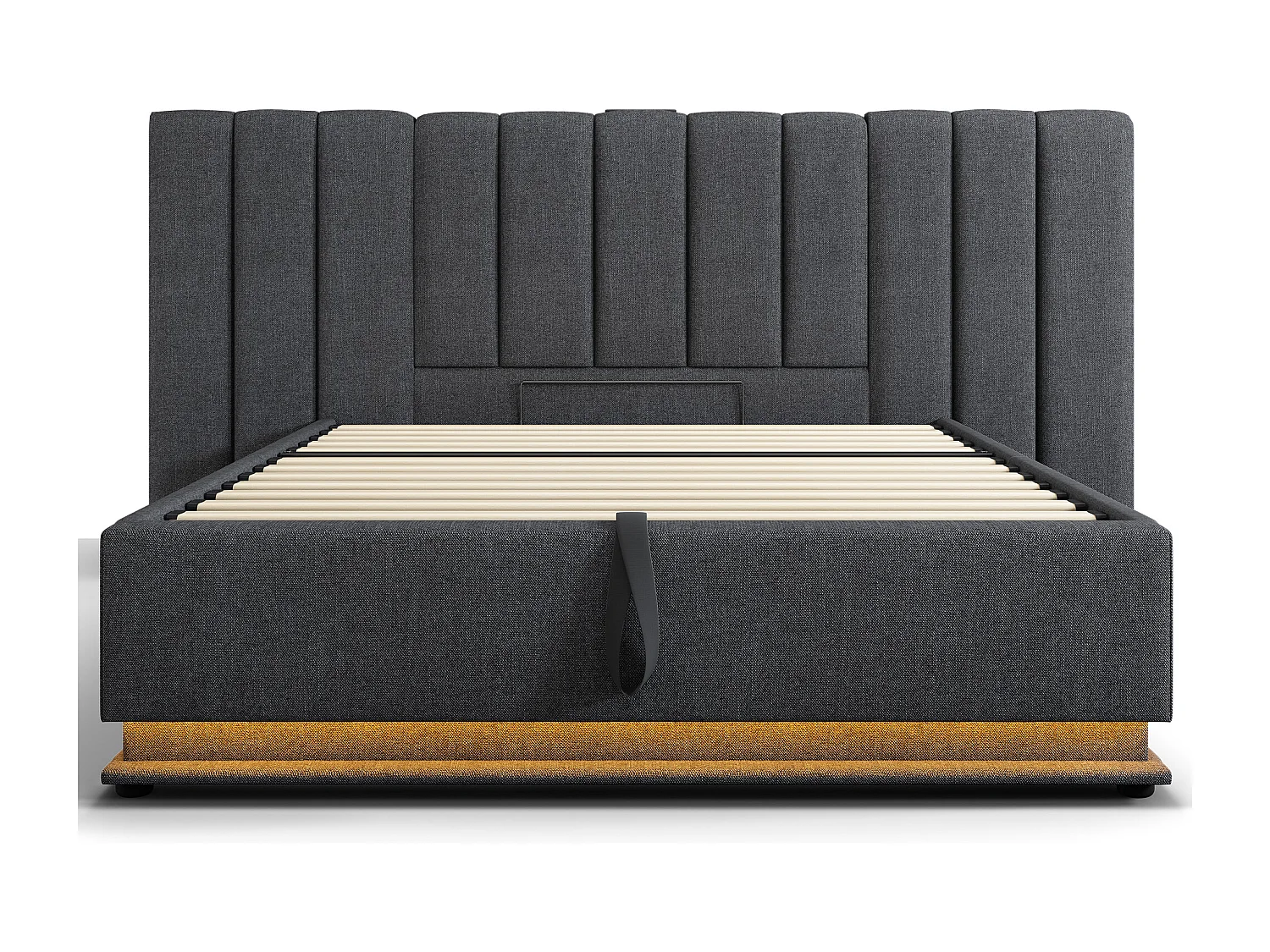 Letto contenitore matrimoniale 160x200 cm - LED e USB-C - in lino grigio (senza materasso né comodino)