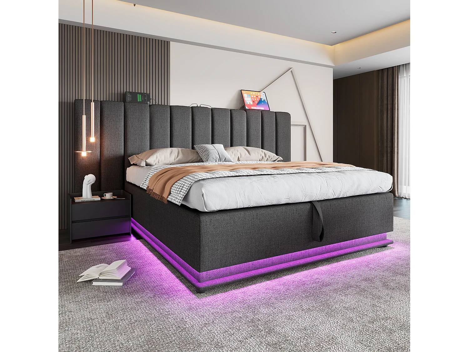 Lit coffre adulte 160x200 cm - LED et USB-C - en lin gris (sans matelas sans table de nuit)
