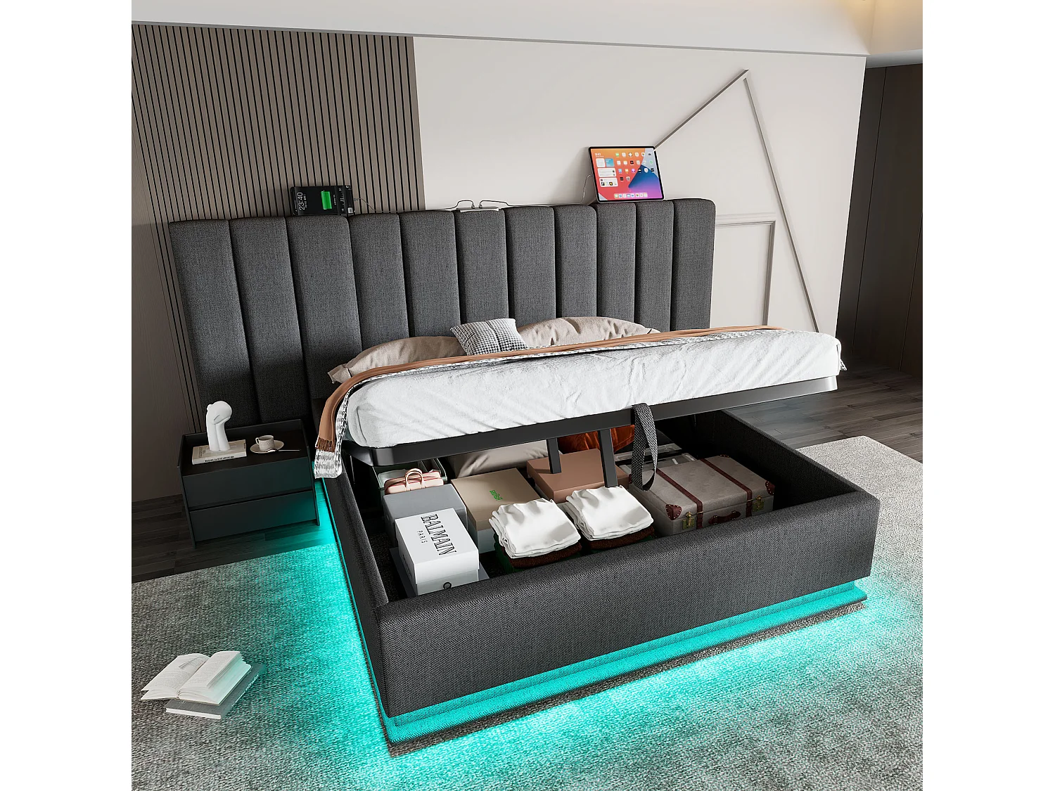 Lit coffre adulte 160x200 cm - LED et USB-C - en lin gris (sans matelas sans table de nuit)