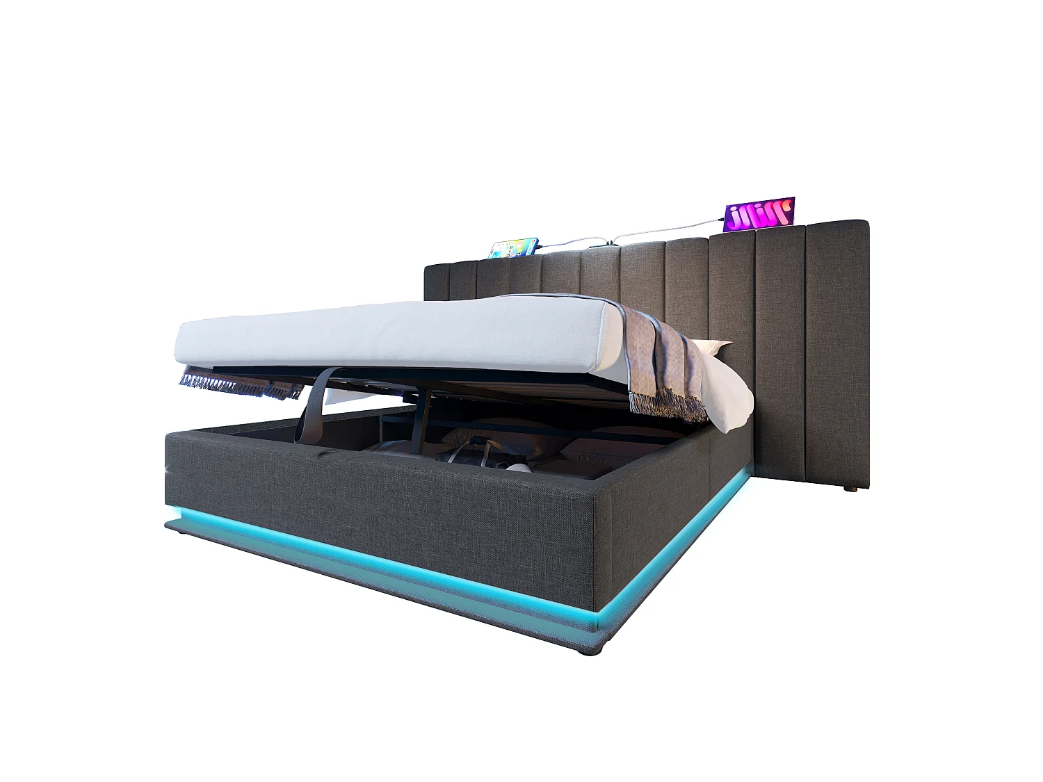 Lit coffre adulte 160x200 cm - LED et USB-C - en lin gris (sans matelas sans table de nuit)