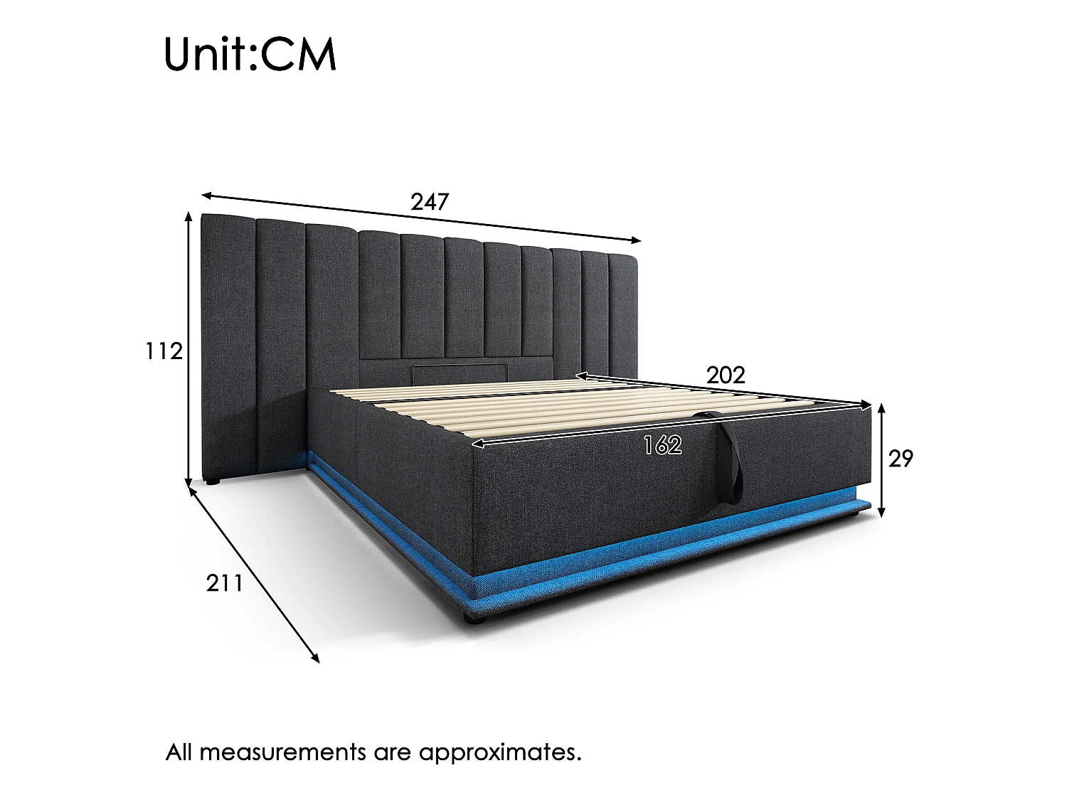 Lit coffre adulte 160x200 cm - LED et USB-C - en lin gris (sans matelas sans table de nuit)