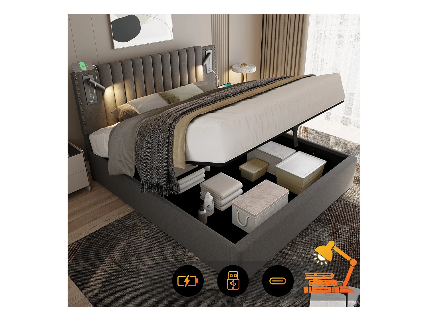 Lit coffre adulte 160x200 cm– Tête de lit avec LED et USB, Coton gris (sans matelas)