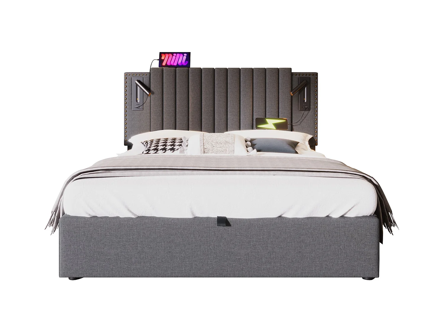 Lit coffre adulte 160x200 cm– Tête de lit avec LED et USB, Coton gris (sans matelas)