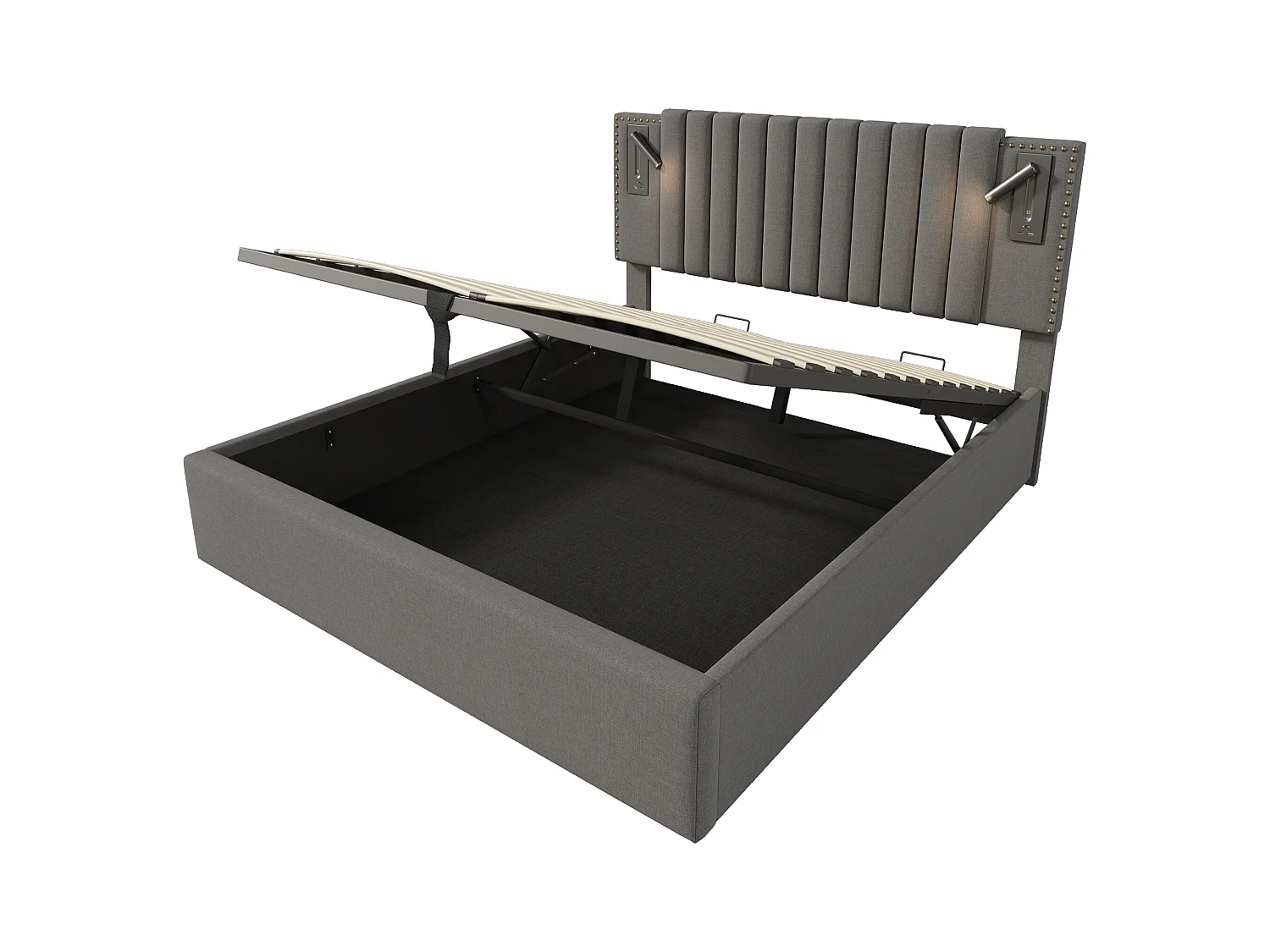 Lit coffre adulte 160x200 cm– Tête de lit avec LED et USB, Coton gris (sans matelas)