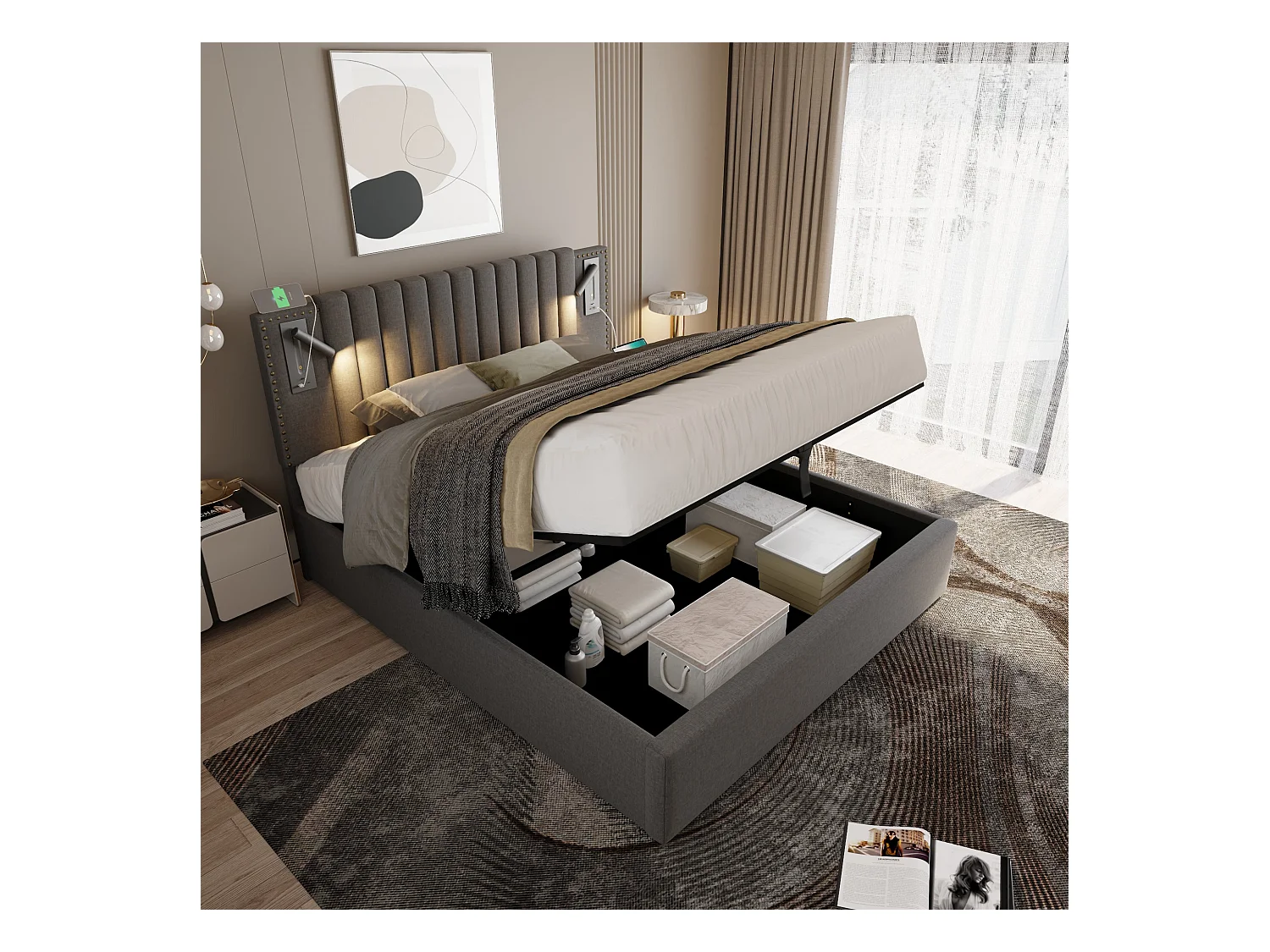 Lit coffre adulte 160x200 cm– Tête de lit avec LED et USB, Coton gris (sans matelas)