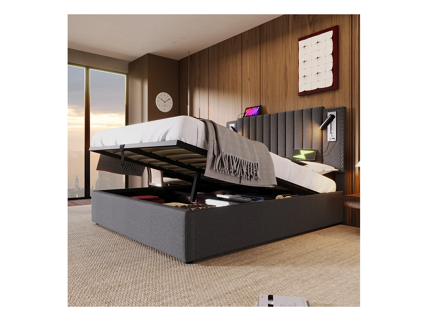 Lit coffre adulte 160x200 cm– Tête de lit avec LED et USB, Coton gris (sans matelas)