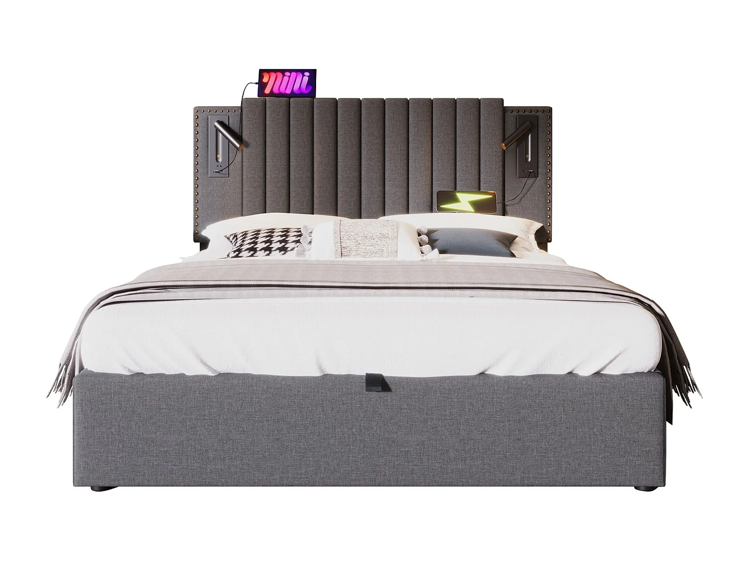 Cama baú dupla 160x200 cm – Cabeceira LED/USB – Algodão cinza (sem colchão)