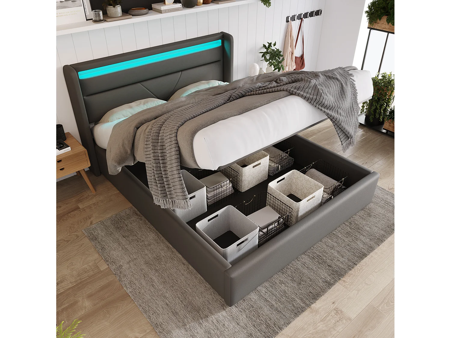 Lit coffre adulte 160x200 cm avec Éclairage LED et télécommande， en PU Gris, sans matelas