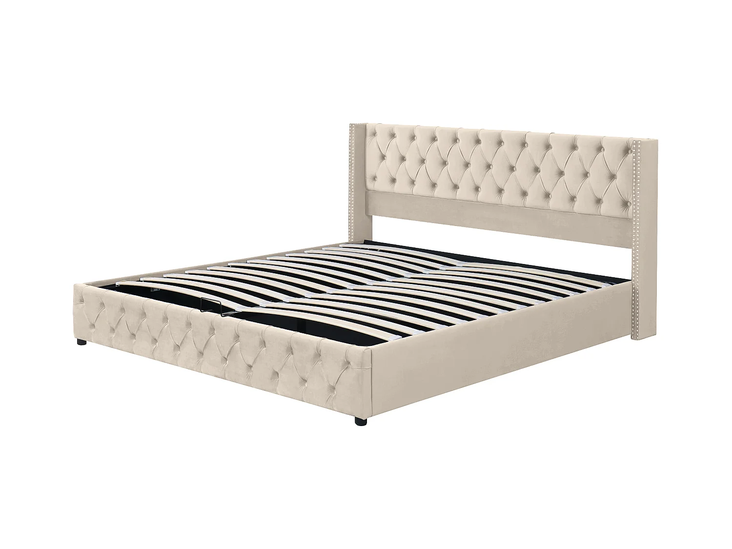 Cama doble con almacenaje 180x200 cm, diseño con orejas, doble fila de tachuelas, tela de franela beige (sin colchón)