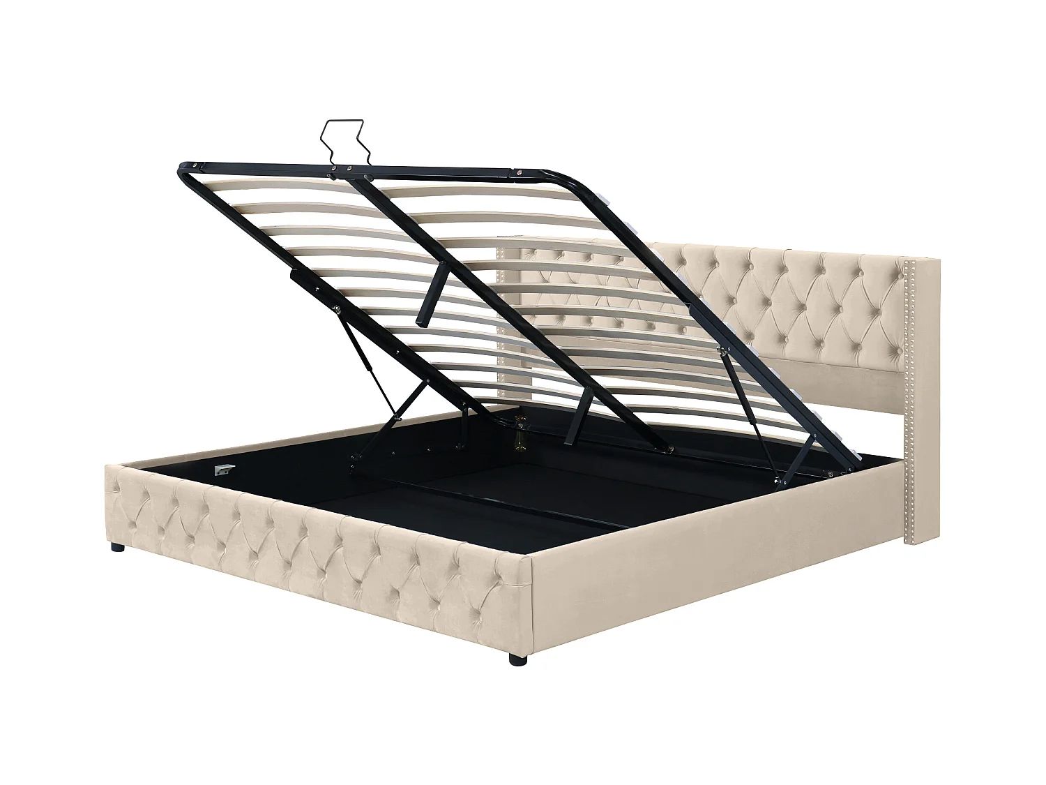 Cama doble con almacenaje 180x200 cm, diseño con orejas, doble fila de tachuelas, tela de franela beige (sin colchón)