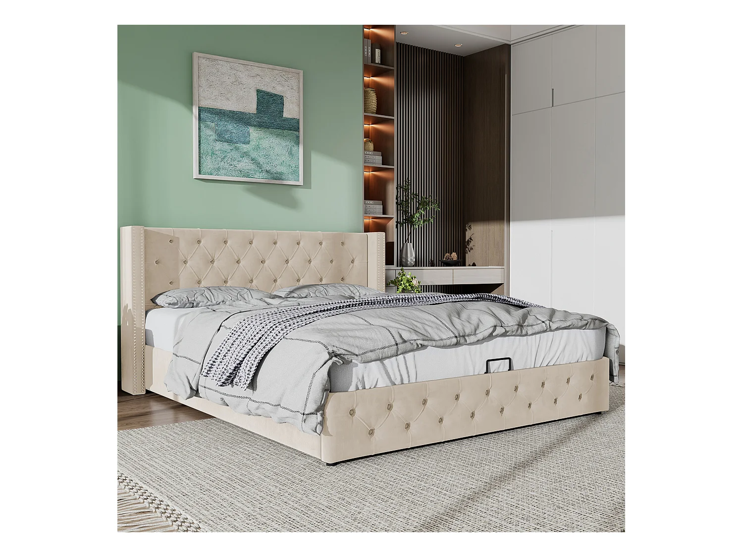 Lit coffre adulte 180x200 cm, forme oreilles, double rangée de clous, tissu flanelle Beige(sans matelas)