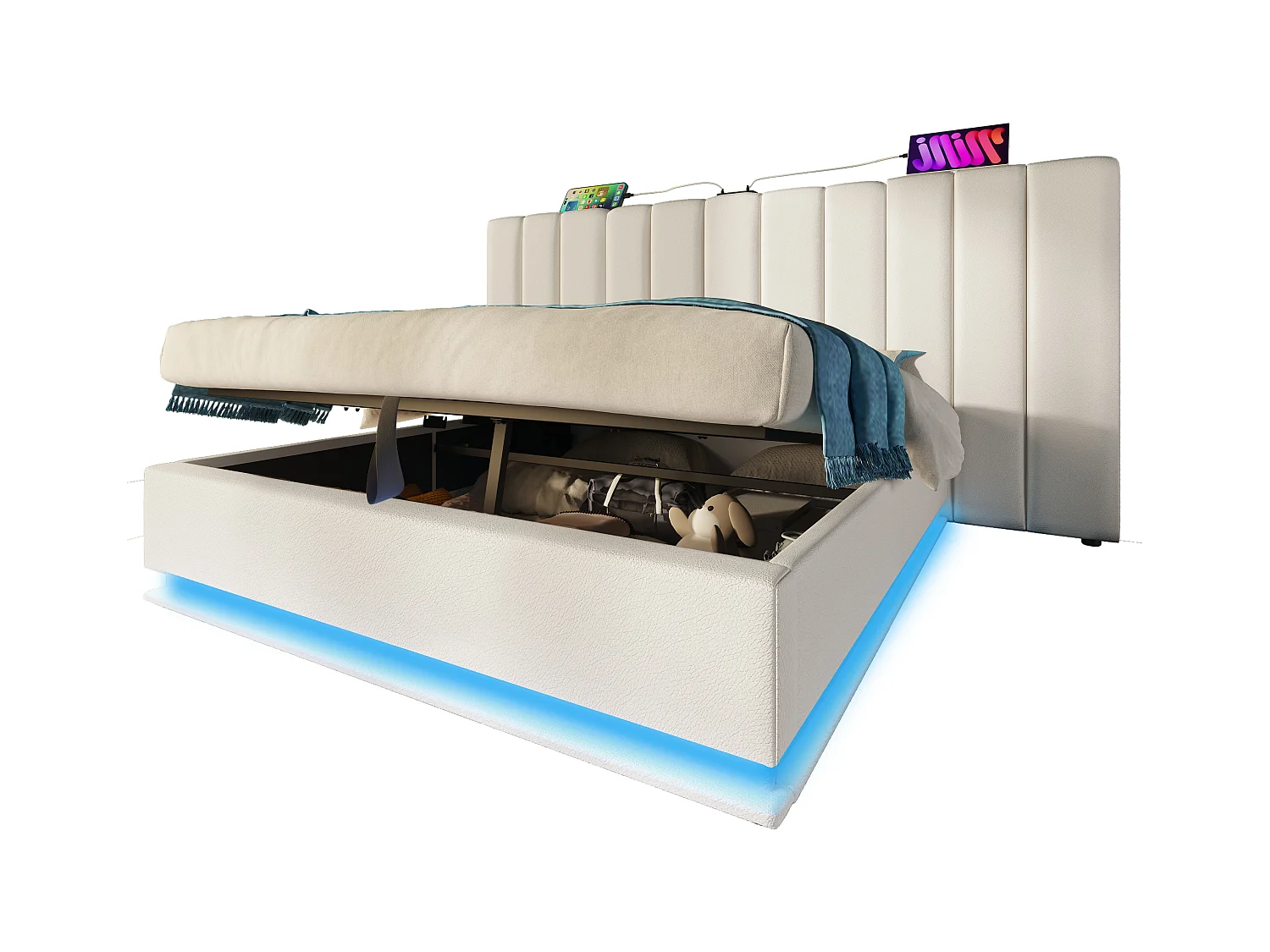 Opbergbed 160x200 cm – Met LED en USB-C – Wit (zonder matras en nachtkastje)